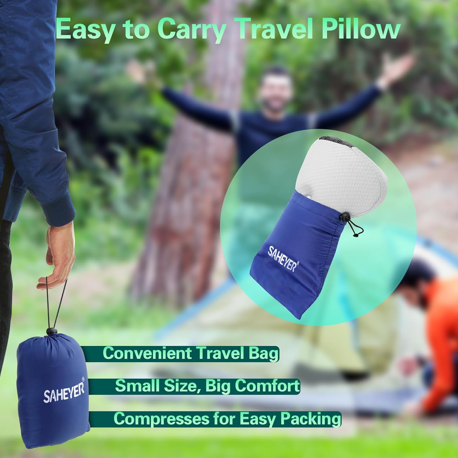 SAHEYER Travel Pillow for Sleeping, Ergonomic Cervical Neck Support Pillows, Lightweight Memory Foam Travel Pillow for Camping, Backpacking, Hammock - with Travel Storage Bag and Cooling Cover, Black