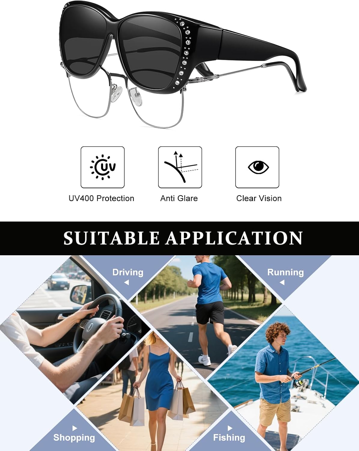 Wzerry Sunglasses Fit Over Glasses for Women, Retro Over Prescription Glasses Polarized UV 400 Protection with Rhinestone - Image 6