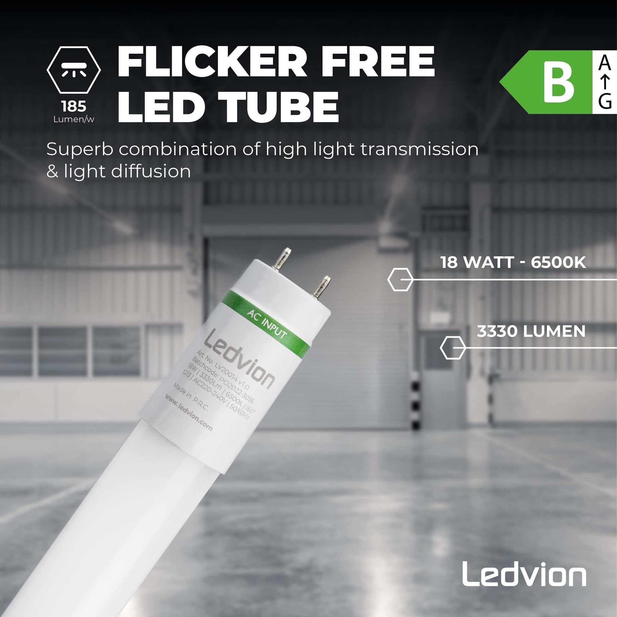 Ledvion - 10X Tubos LED TL, 120CM, 18W, 6500K, 185lm/W, Etiqueta Energética B, Incluye Arrancador LED