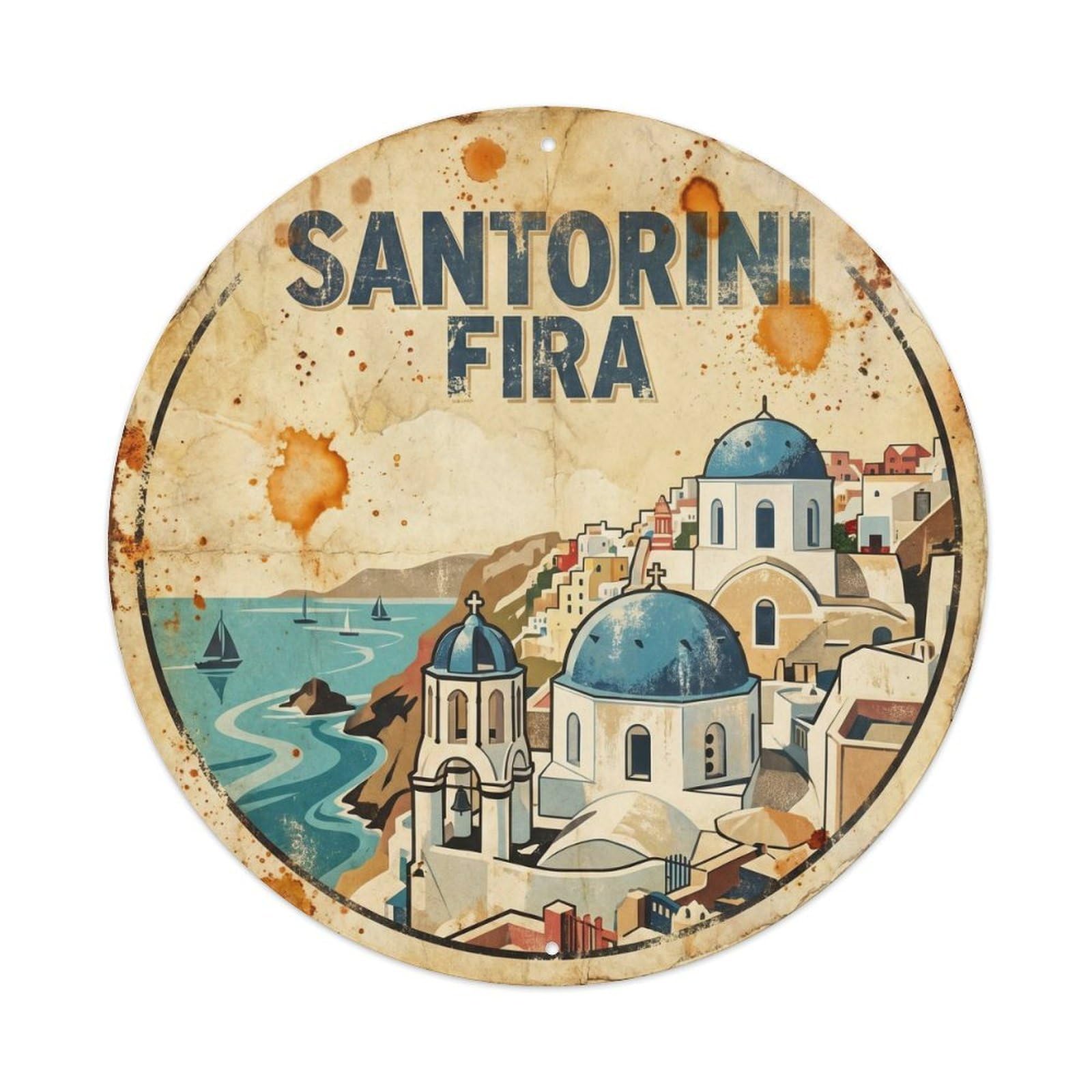 Santorini Fira Harbor Travel Vintage Destination Metal Tin Sign