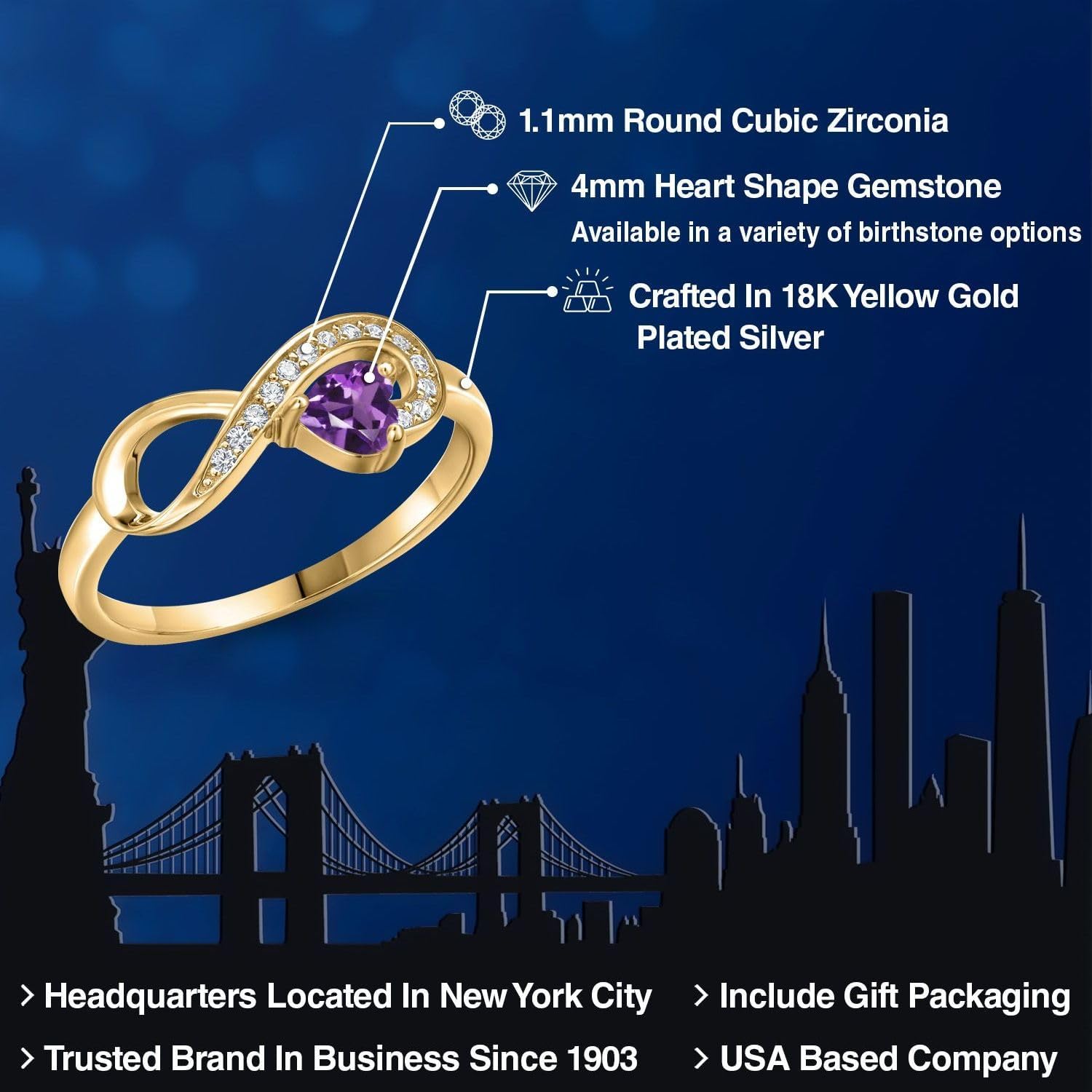 Gem Stone King 18K Yellow Gold Plated Silver Gemstone Birthstone Infinity Ring | Heart Shape 4MM | Wedding Engagement Anniversary Promise Ring For Women | Available in Size 5,6,7,8,9