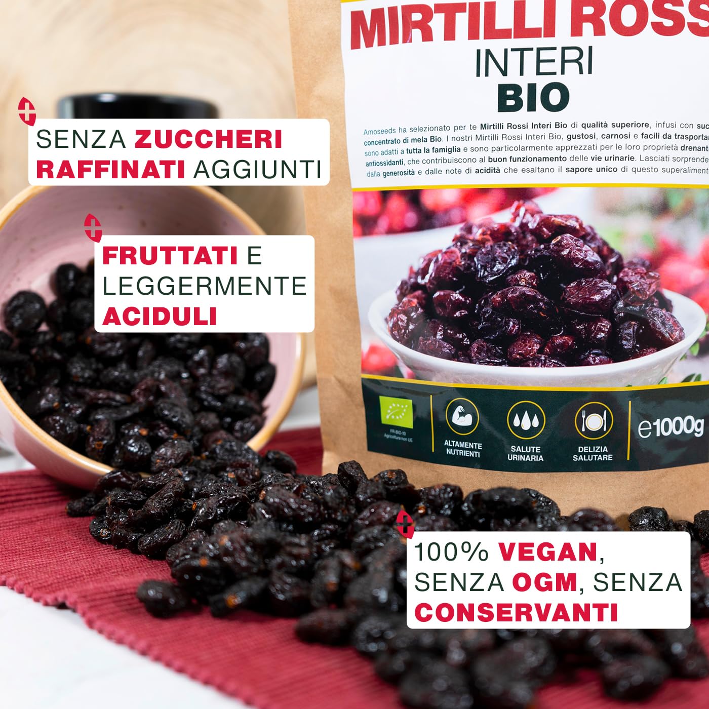 Mirtilli Rossi Interi BIO 1KG | Disidratati, Senza Zucchero, Infusi con Succo di Mela Bio | Vie Urinarie, Gustosi | Qualità Superiore