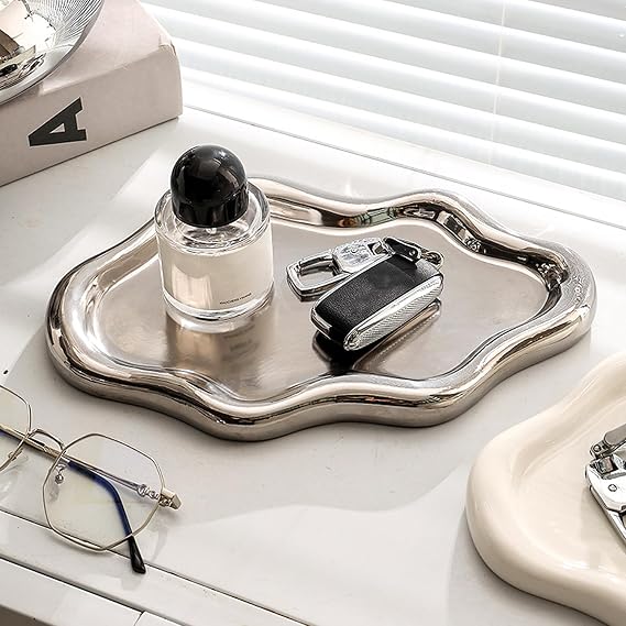 Ceramic Jewellery Dish Trinket Dish, Cloud Shape Tray Jewellery Dish Small Key Tray for Mother's Day/Christmas/Thanksgiving/Birthday Gift (Silver)