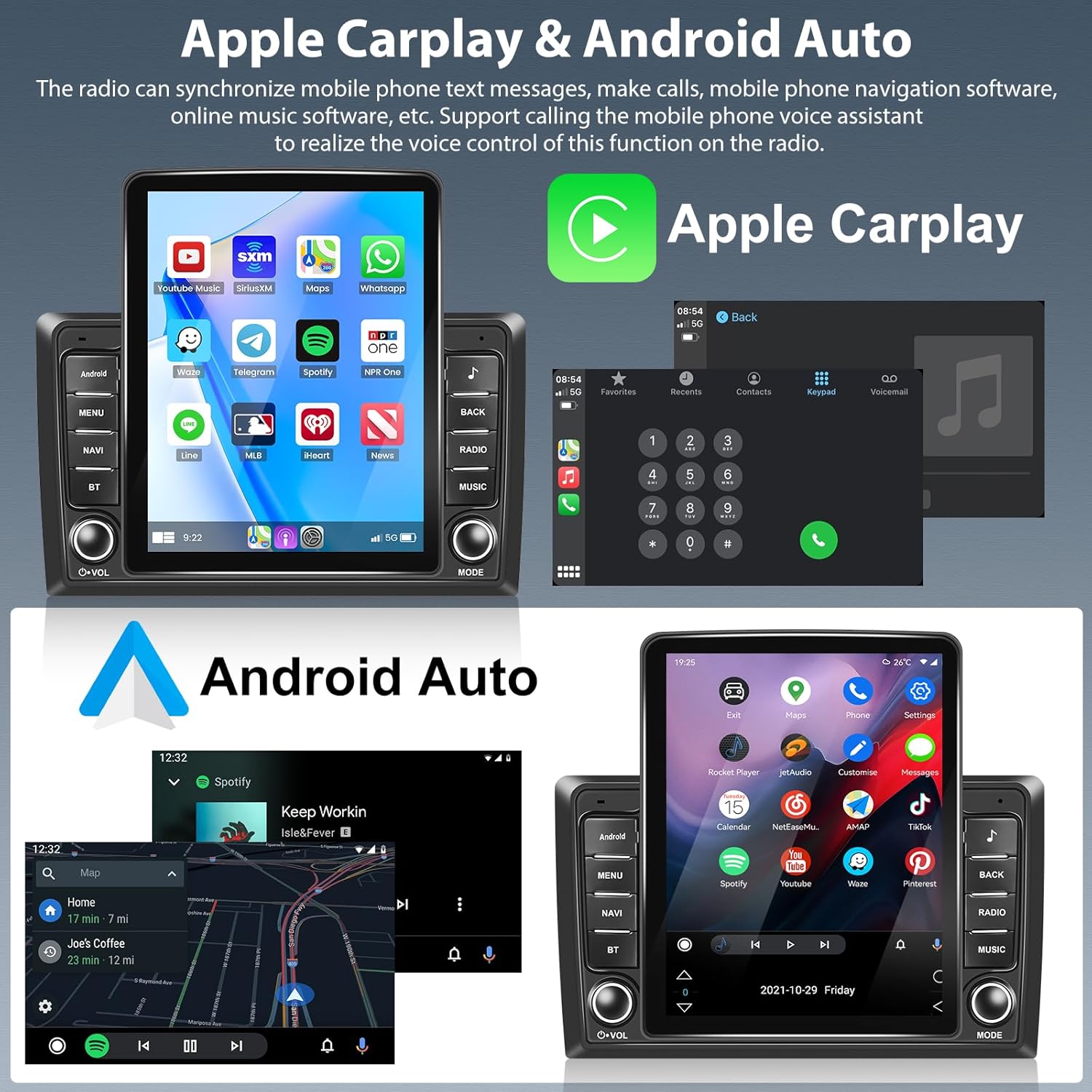Screenshots showing Apple CarPlay and Android Auto interfaces on the car stereo