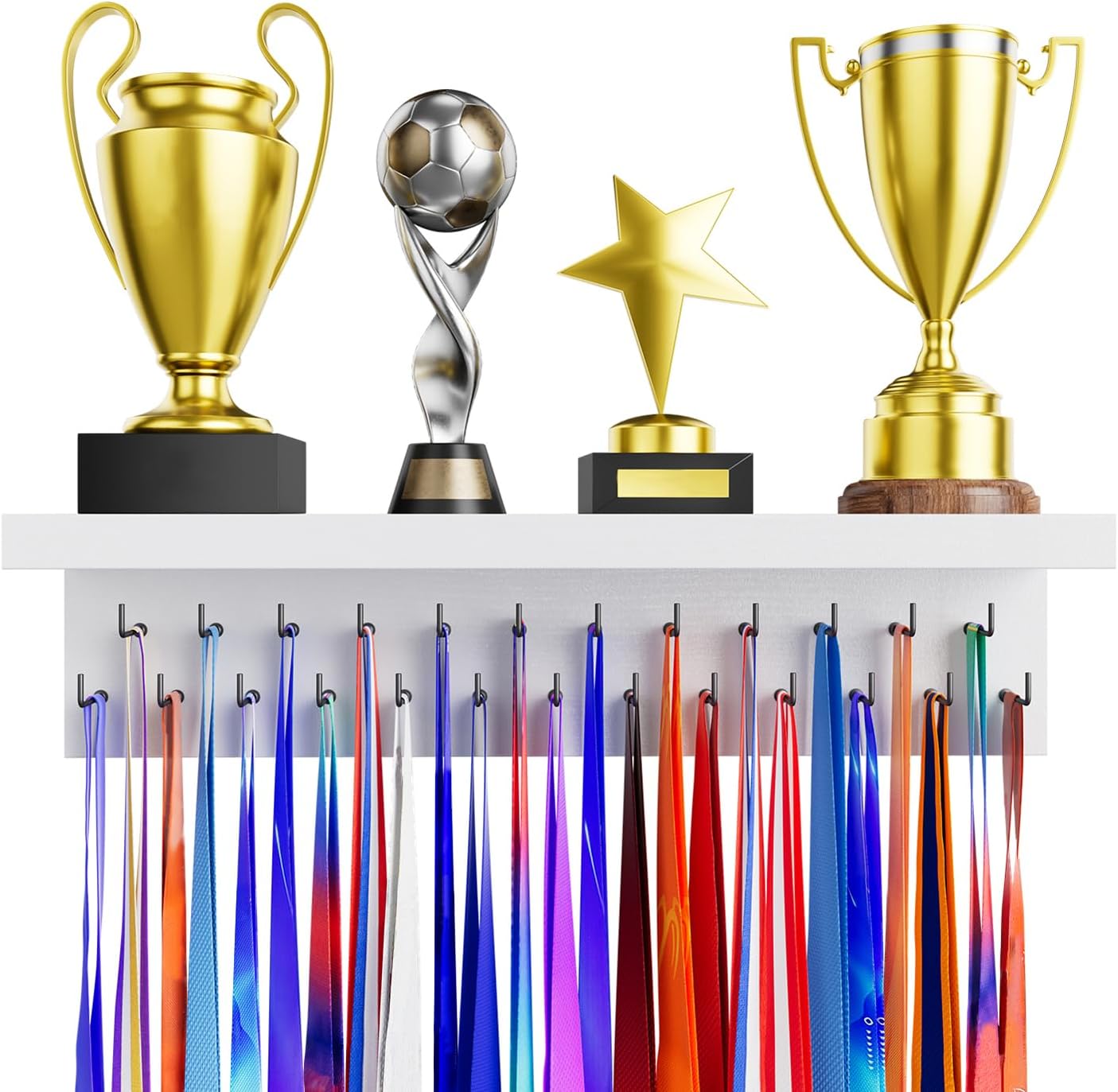 Medal Holder Display Trophy Shelf Organizer, Sturdy Wooden Race Award Hanger Rack with 25 Steel Hooks, Wall Mount Storage Stand for Sports Fans, Cheer Success