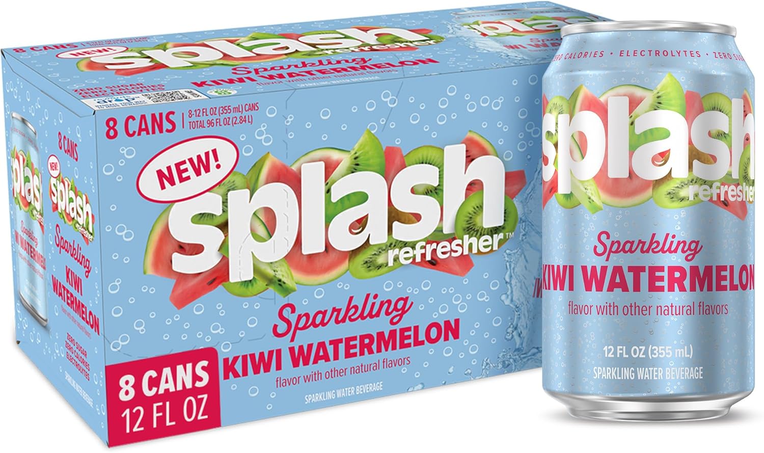 Splash Refresher Sparkling Water, Kiwi Watermelon - 8-Pack, 12 Fl Oz Cans - Flavored Carbonated Seltzer Water with Electrolytes, Zero Sugar & Zero Calories