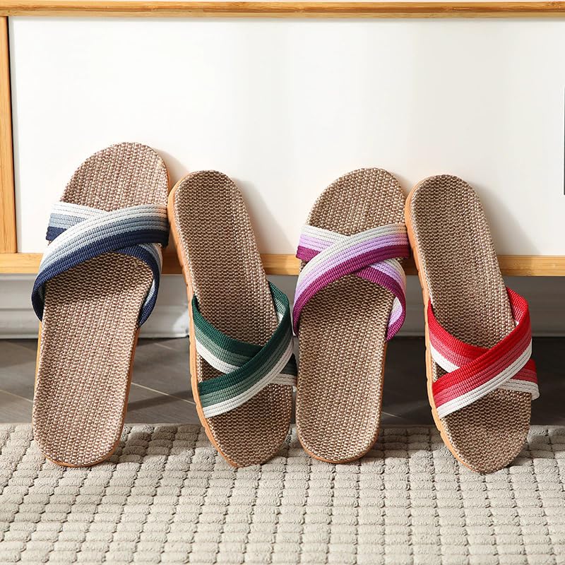 Women House Slippers Flax Linen Boho Style Flip Flops Open Toe Summer Beach Sandals Slides3