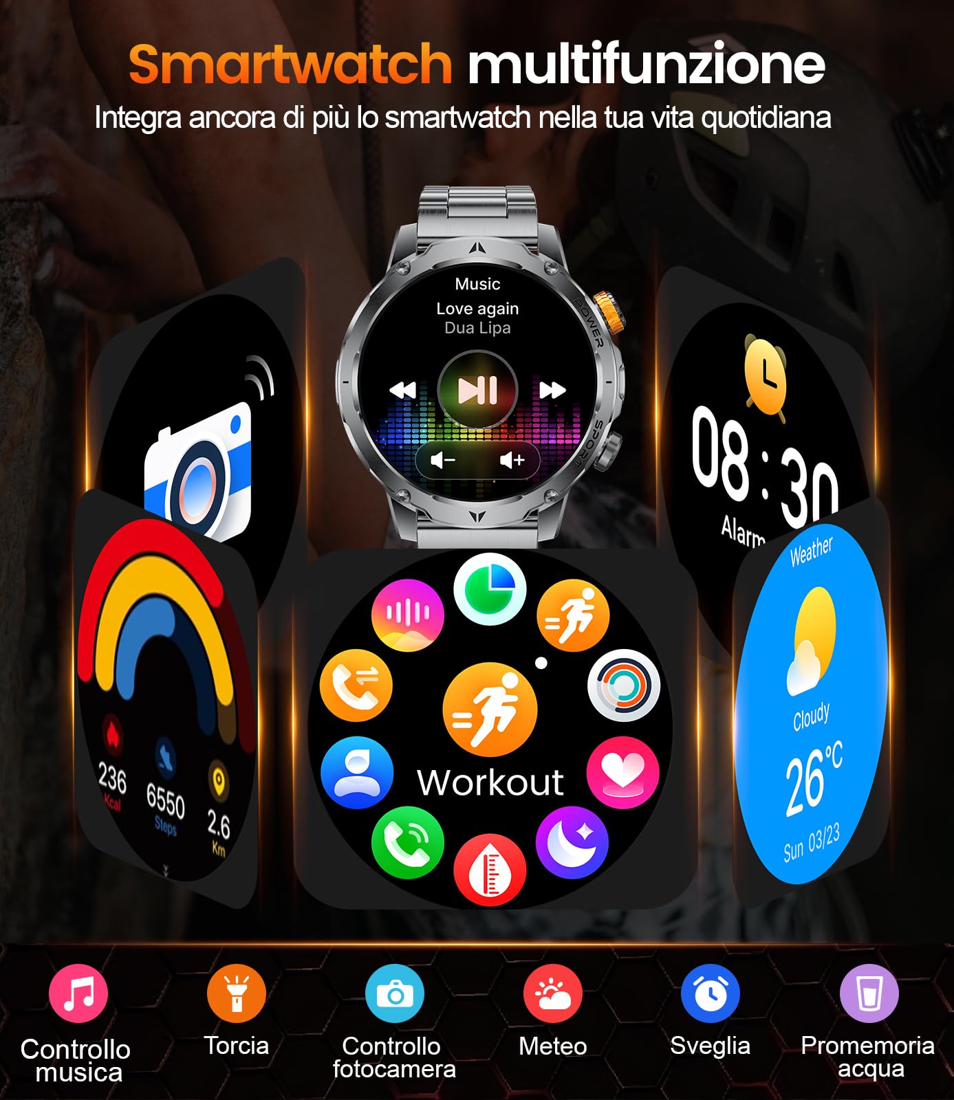 EF24 Smartwatch Uomo Militare con Torcia LED, Batteria 1000mAh, 1,85” HD Fitness Tracker, 100 Modalità Sportive, IP68 Impermeabile, 3 Cinturini, Compatibile Android e iOS, Nero