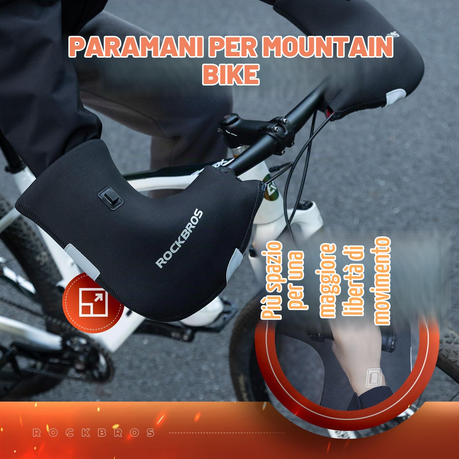 ROCKBROS Guanti Manubrio Bici, Guanti Termici Riscaldati, Guanti Invernali Moto, Guanti da Manubrio Impermeabili Antivento, Strisce Riflettenti, per Bicicletta, MTB, Uomo e Donna, Nero