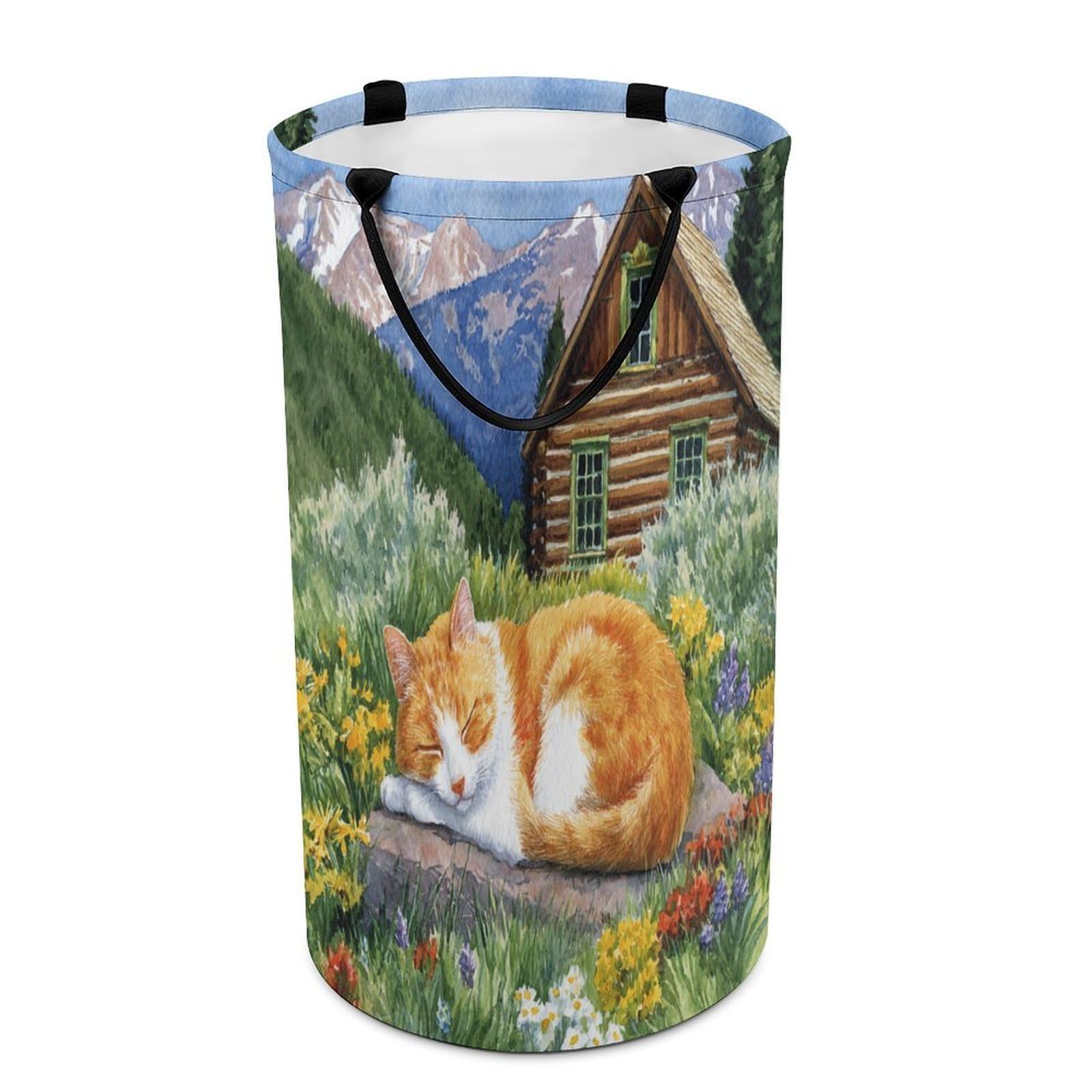 LUYYSKY Classic Realistic Cute Kitten Collapsible Dirty Clothes Basket, Modern Watercolor Spring Barn Plants Floral Animals Kitten Portable Clothes Storage Basket