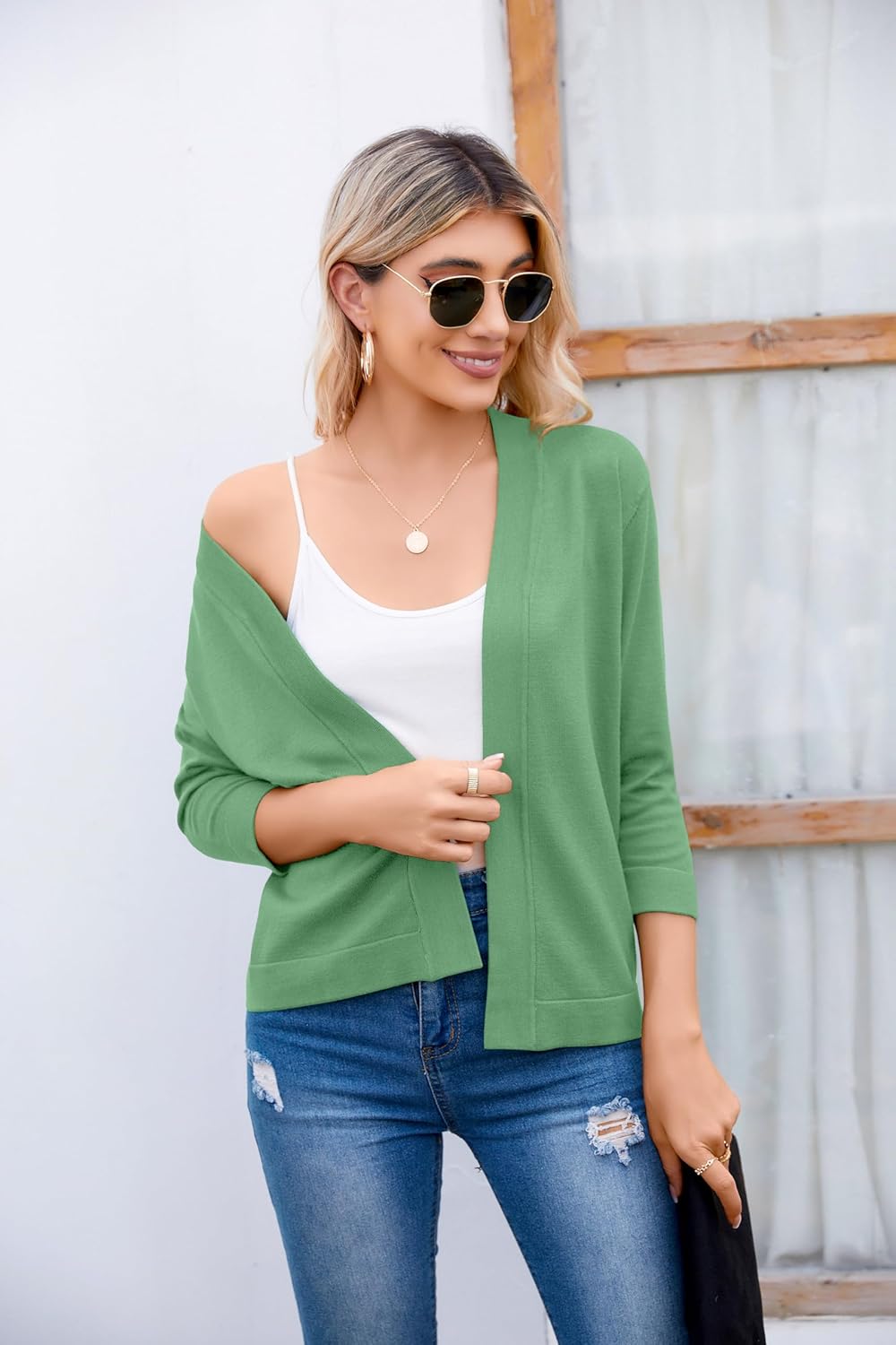 Bettysays Women's 3/4 Sleeve Open Front Cropped Cardigan Sweater Elegant Shrugs for Women - Image 5