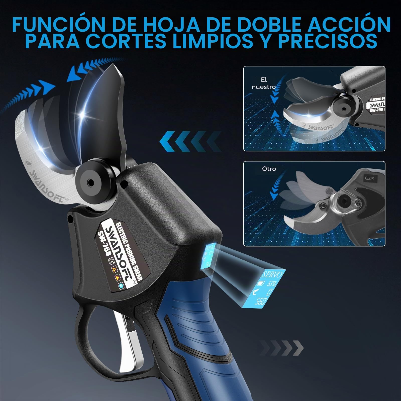 SWANSOFT Tijeras de Podar Eléctricas Doble Cuchilla de Corte - Profesional 42mm Podar Con 1150W 21V 4Ah X 2 Baterías, Pantalla LCD, de Poda Electrica Bateria Control Progresivo, para Viñedos Olivares