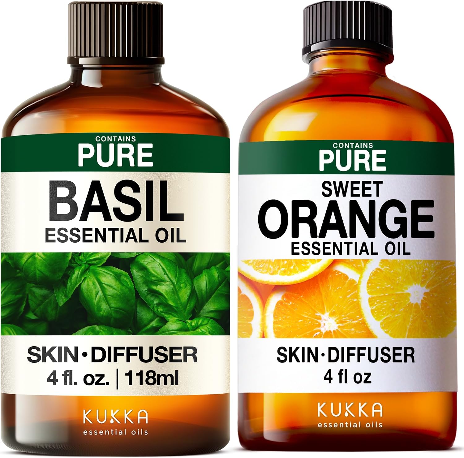 Basil Essential Oil for Diffusers & Sweet Orange Essential Oil for Diffuser Set - Aromatherapy Grade Essential Oils Set - 2x4 fl oz - Kukka