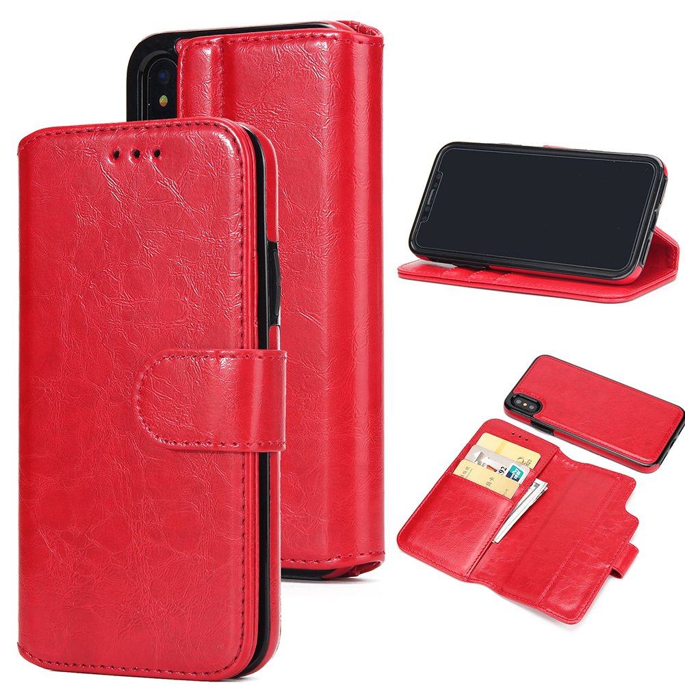 Flip Folio Cover Case Magnetic Closure Card Slot for iPhone 7/8 for iPhone 8/7 Plus Tempered Glass Protector Attached PU Leather Handmade Kickstand Detachable Wallet (red_01, for iPhone X)