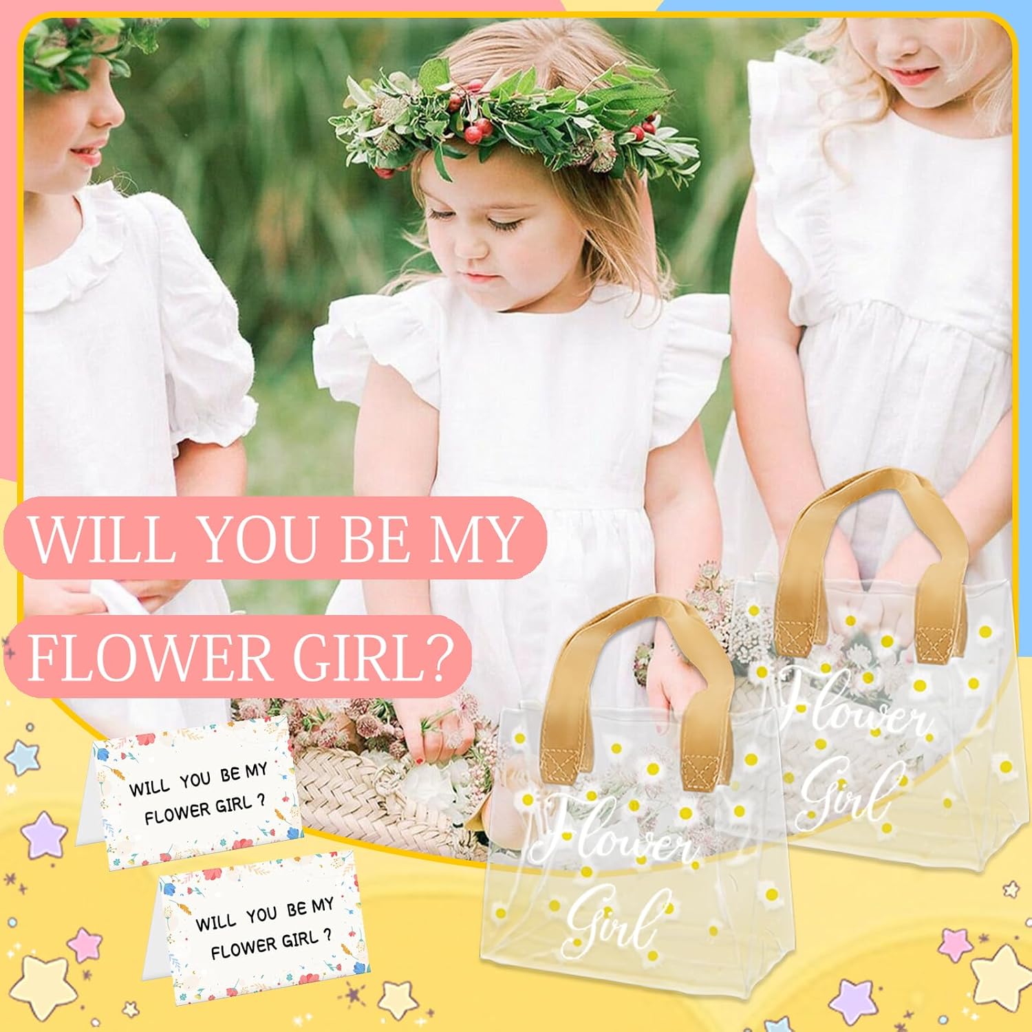 28Pcs Flower Girl Proposal Gift Set - 2 Bags Including Round Flower Sunglasses, Canvas Bag, Pearl Necklace, Bracelet, Hair Accessories, Satin Scunchies, Diamond Pen for Wedding, Bridal Shower