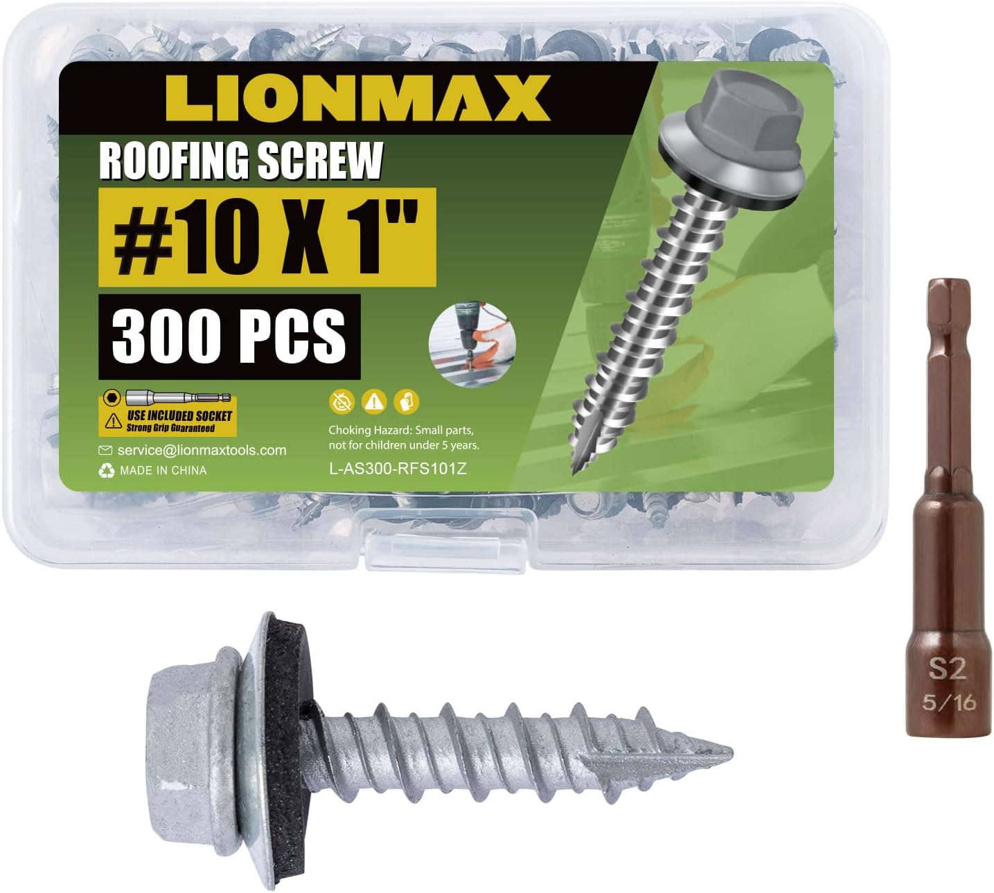 LIONMAX 300-PCS Metal Roofing Screws #10 × 1 Inch, Rustproof Coating Hex Head Sheet Metal to Wood Siding Screw with Rubber Washer, Sharp Point, Hex Socket Included