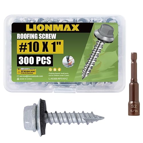 LIONMAX 300-PCS Metal Roofing Screws #10 × 1 Inch, Rustproof Coating Hex Head Sheet Metal to Wood Siding Screw with Rubber Washer, Sharp Point, Hex