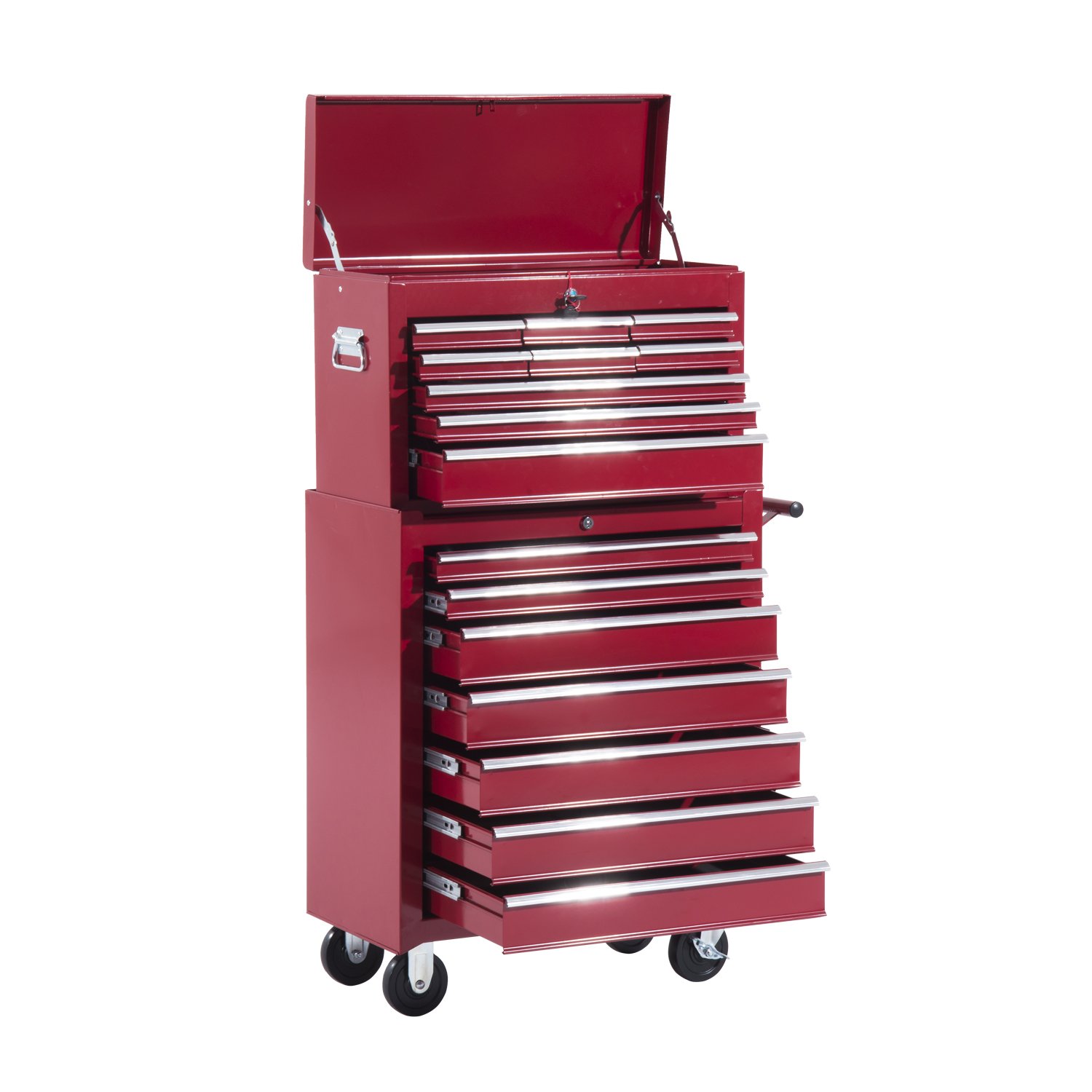 HOMCOM Carro Caja de Herramientas Taller Movil 16 Cajones 4 Ruedas 2 Cerraduras Rojo