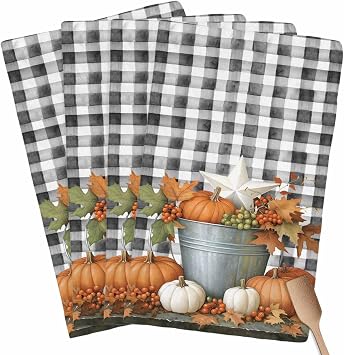 Autumn Farmhouse Pumpkin Leaf Berry Kitchen Towels 4 Pack,Microfiber Dish Towel Set Black White Buffalo Check Soft Highly Absorbent Tea Hand Towel Quick-Drying Cleaning Towels Dish Cloths