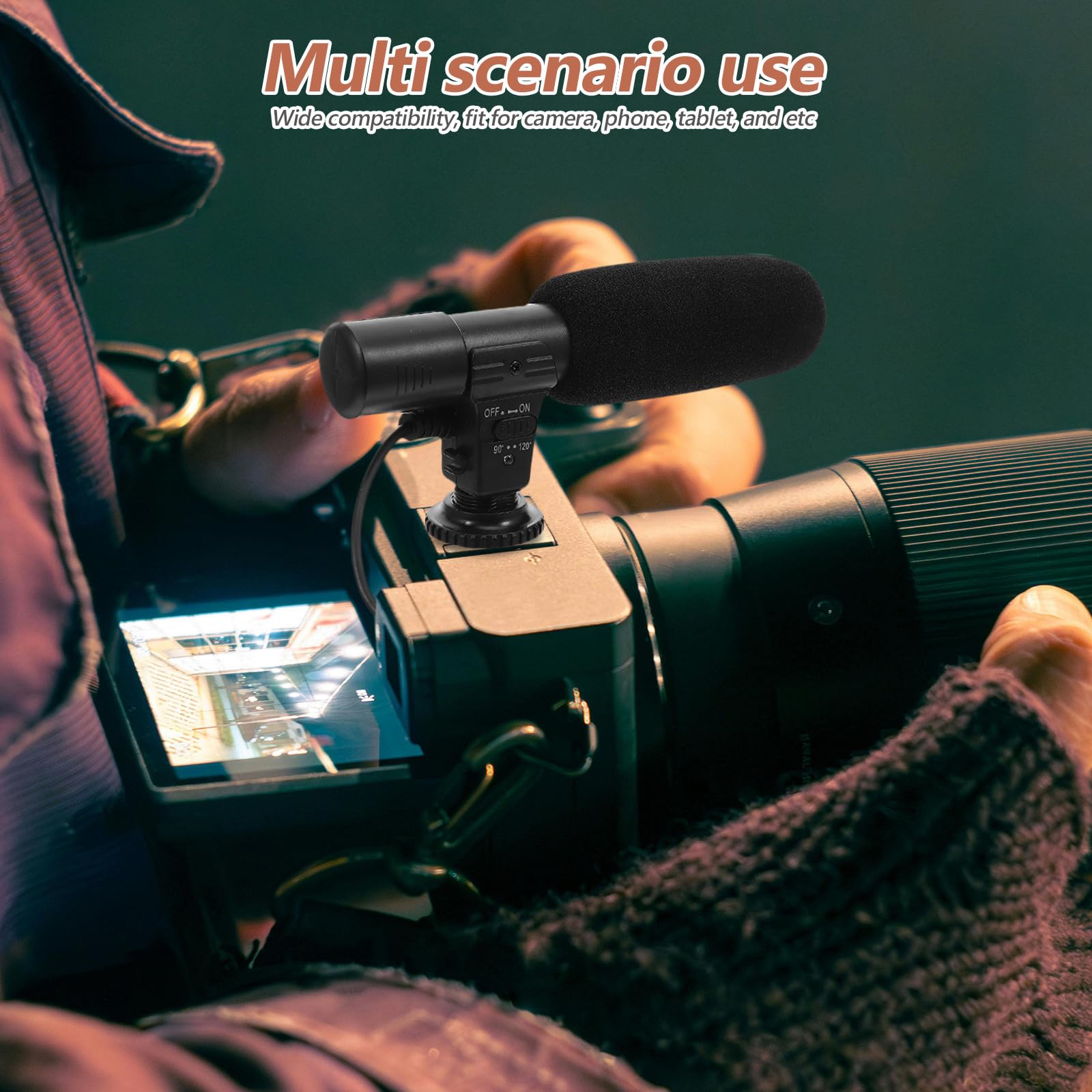 Micrófono Profesional para Videocámara y Teléfono, Alta Sensibilidad Estéreo, Ángulo de 90/120 Niveles para Grabación Clara y Precisa