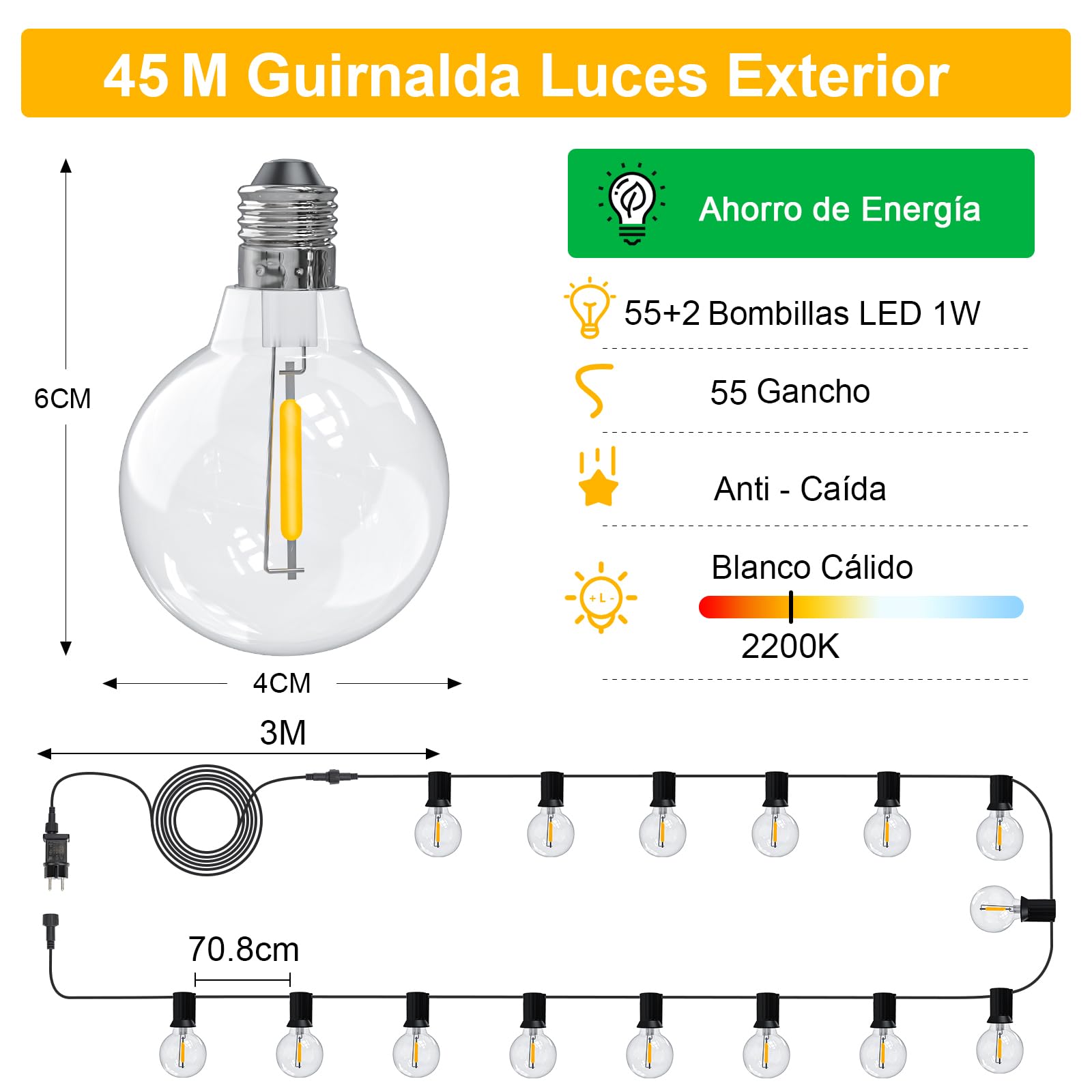 Guirnalda Luces Exterior Enchufe, 45M 147.6FT G40 con 55+2 Bombillas Exterior Guirnalda, Impermeable Regulable Luces LED Exterior Jardin para Patio, Fiesta, Café,Terraza decoracion
