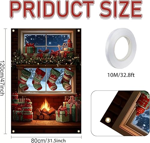 Miniatura 3 de Cartel navideño de ventana de 31.5 x 47 pulgadas con medias de Navidad, regalos, bastones de caramelo y chimenea, decoración al aire libre con