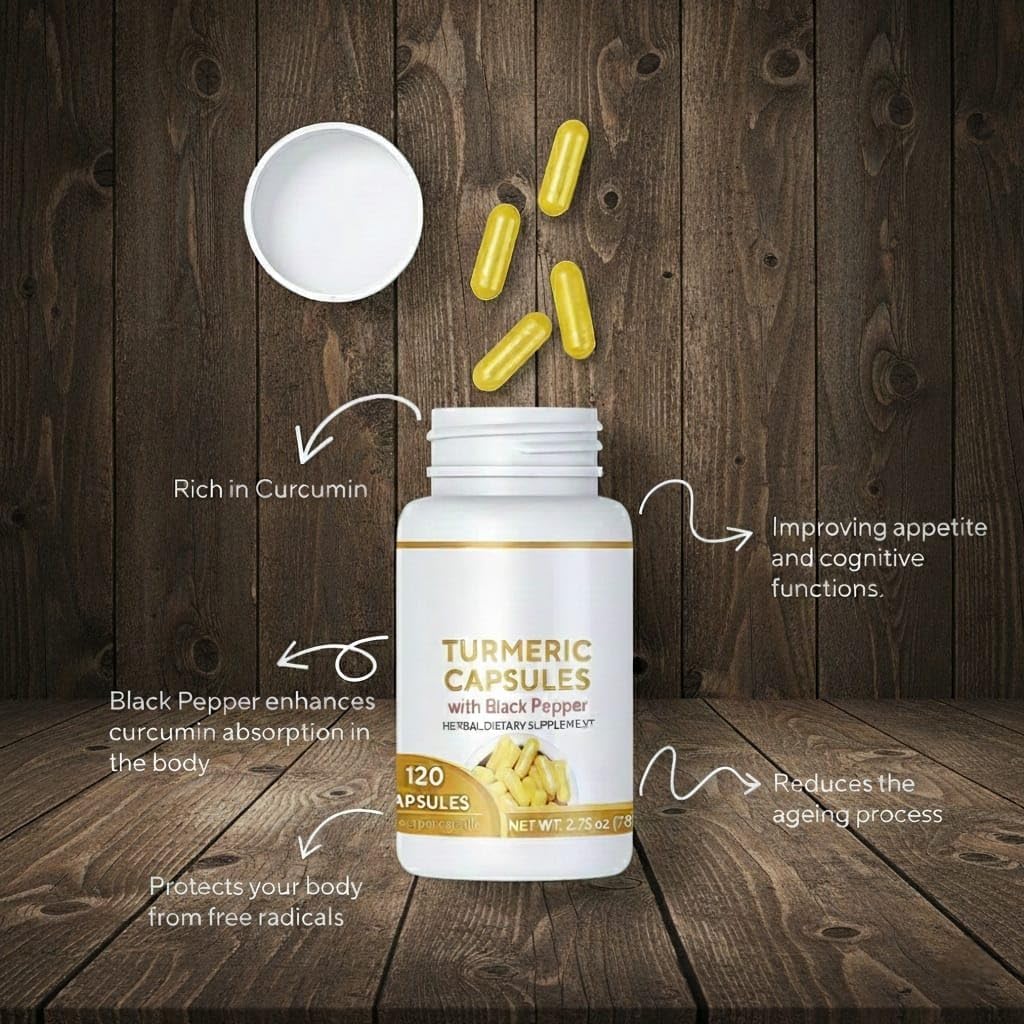 Turmeric Capsules (Haldi with Black Pepper) 120 Veg Capsules, Curcumin Supplement, 650 mg Each. Joint Support Health and Also Supports in Building a Healthy Immune Support.