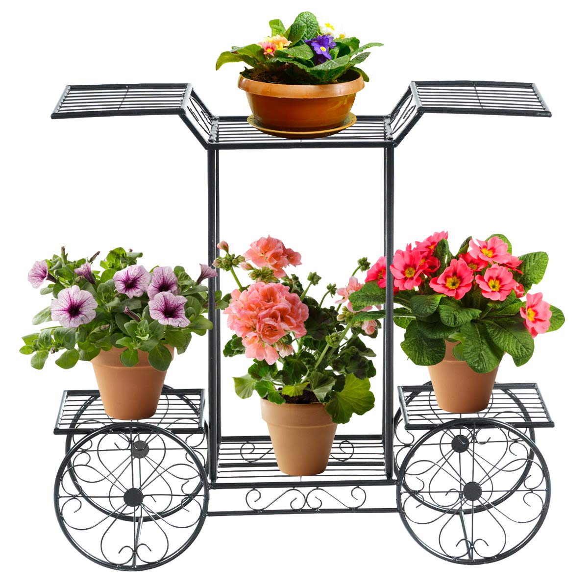 COSTWAY Pflanzenregal Metall, Blumenregal schwarz, Blumenständer mit 6 Ablagen, Pflanzenhalter für den Innen- und Außenbereich, Pflanzenständer Balkon Garten , Freistehender Blumenwagen