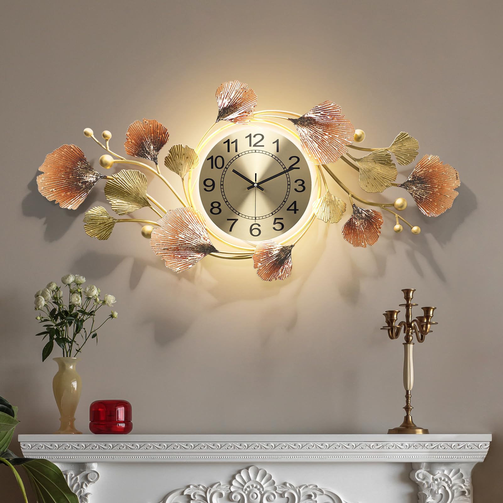 Horloge murale moderne en métal 90x51cm avec ginkgo créatif et mouvement silencieux pour salon