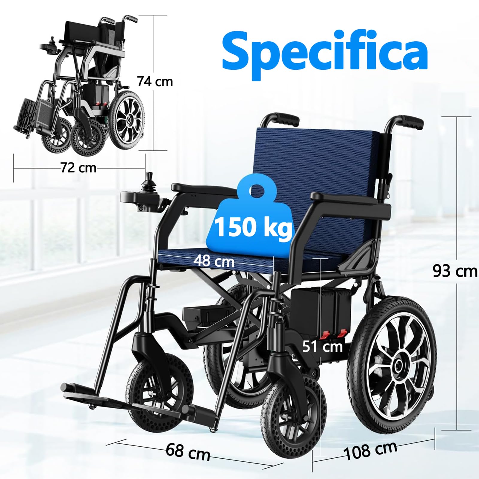 AMITD Carrozzina Elettrica Pieghevole Leggera Tutti Terreni Fino a 150 kg, Autonomia 20 km, Batteria Rimovibile, Telaio in Alluminio 19 kg, Sedile 48 cm, Sedia a Rotelle per Disabili, Adult, Anziani