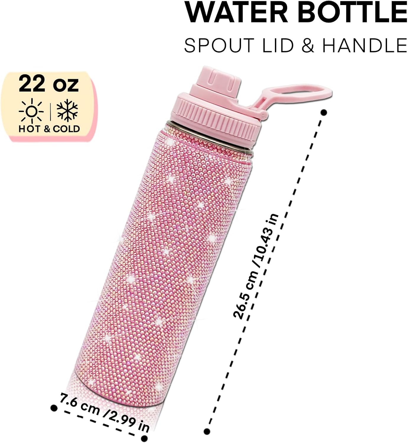 22oz Stainless Steel Bling Crystal Water Bottle Rhinestone Vacuum Insulated Bottle with Spout Lid Reusable Double-Wall Glitter Sport Bottle Gift for Women Girl (Light Pink) - Image 4