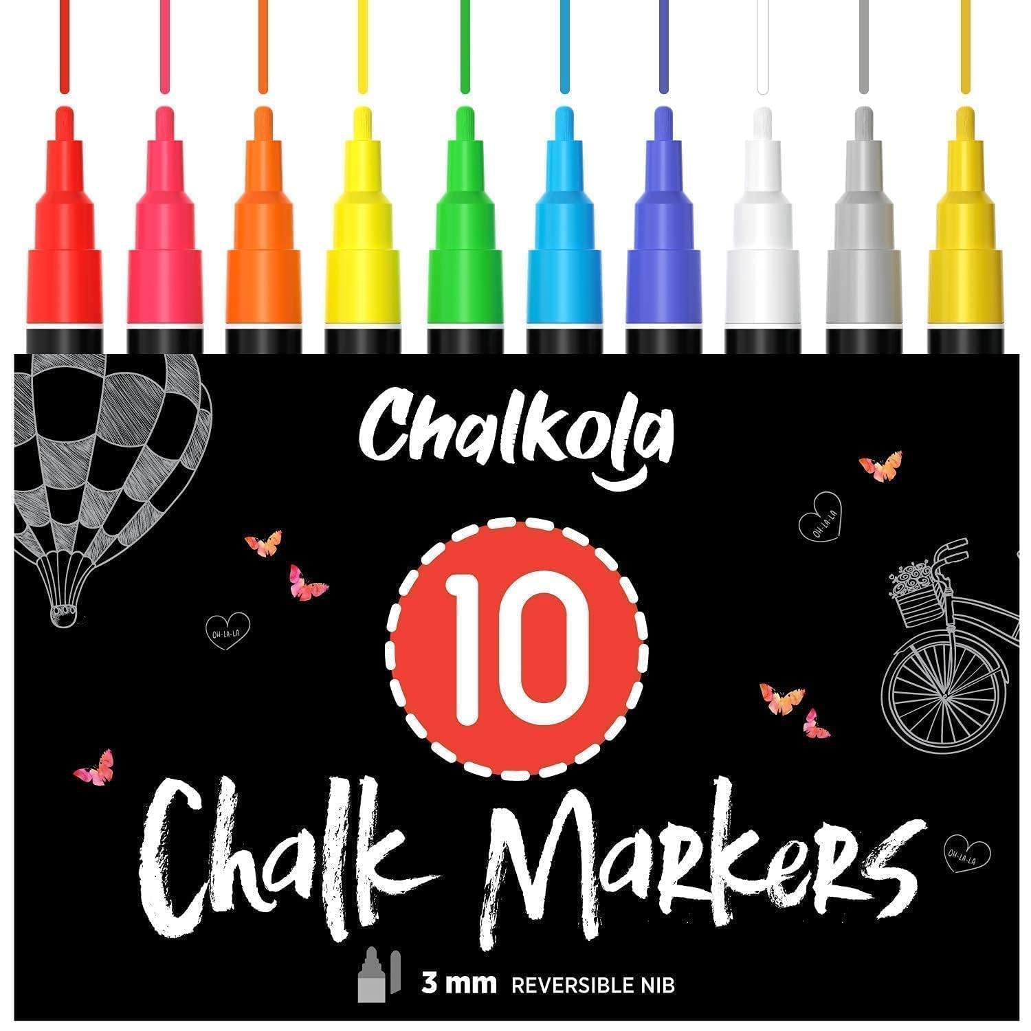 Chalkola Kreidestifte für Tafel abwaschbar, 10 Kreidestifte Neon mit Silber & Gold Stift 3mm umkehbare Spitze - Kreide Stift für Fenster, Glas, Tafel - Liquid Chalk markers für Erwachsene & Kinder
