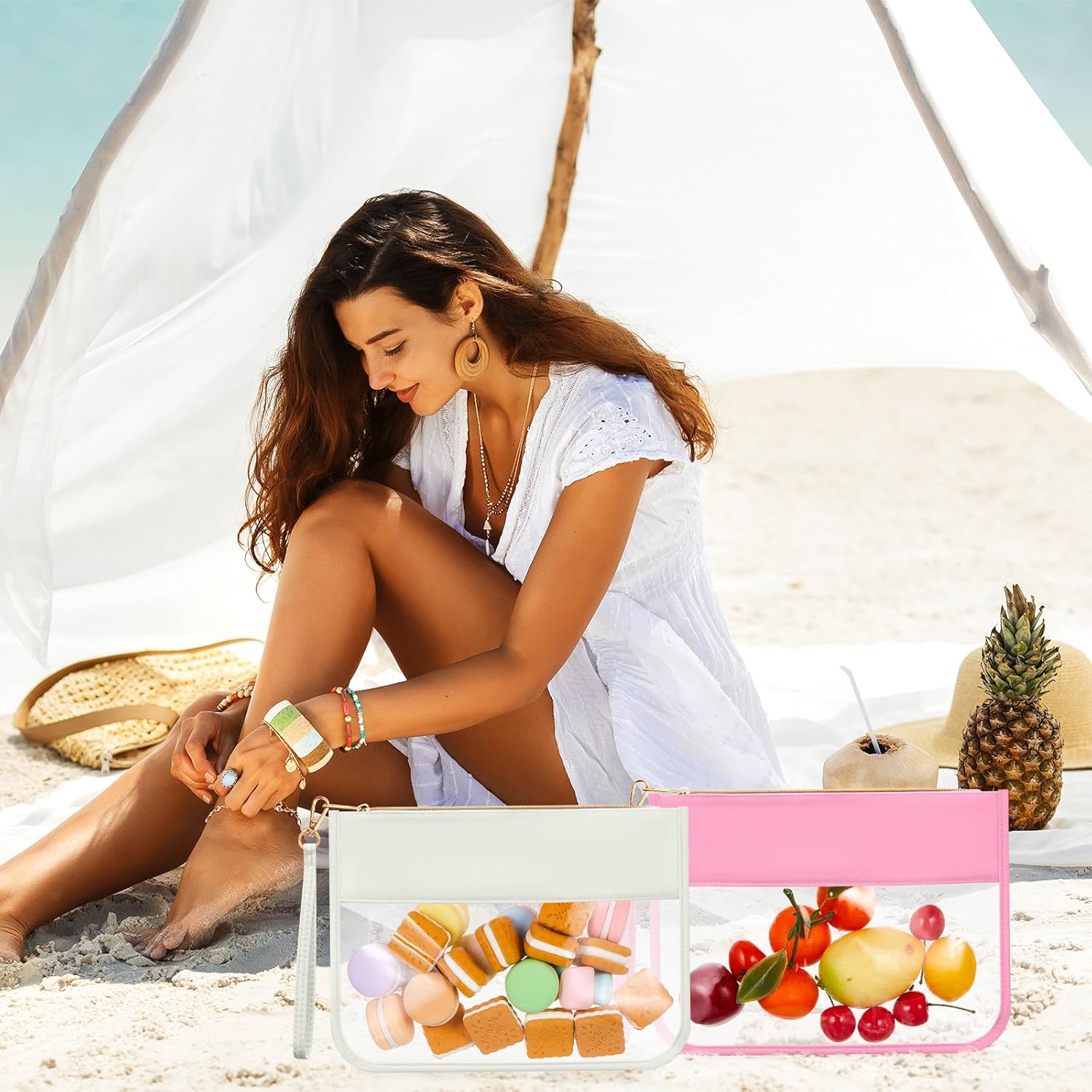 Sweetude 24 Pcs Clear Makeup Bags with Wristlet Bag DIY Chenille Letter Bag Bulk Waterproof Toiletry Bag Flat Preppy Nylon Clear Zipper Pouches Snack Organizer for Women