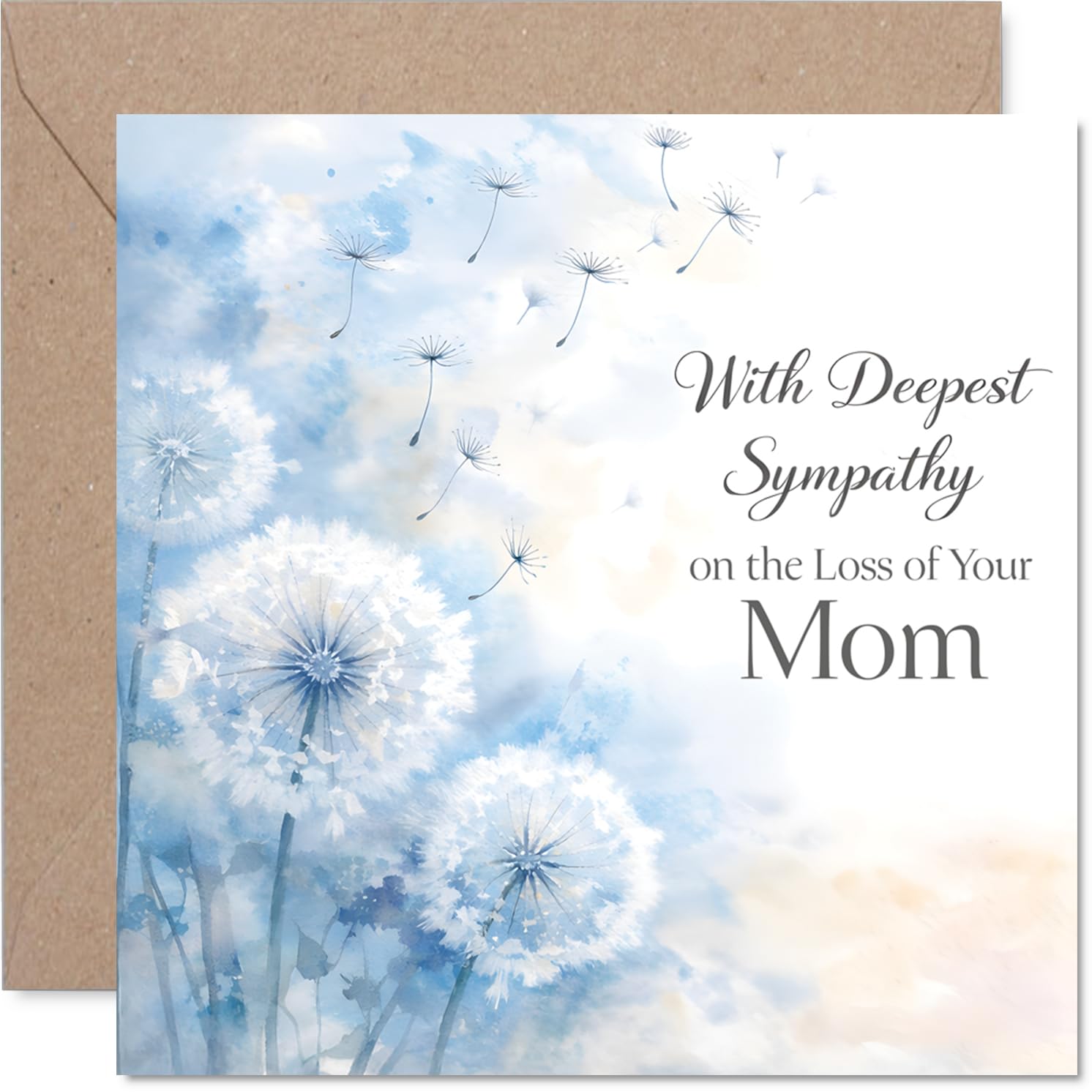 Heartfelt Sympathy Card - Loss of Mom - Gentle Support Through Loss - Serene Dandelion Motif in Soft Blue Hues - 145mm Square, Envelope Included