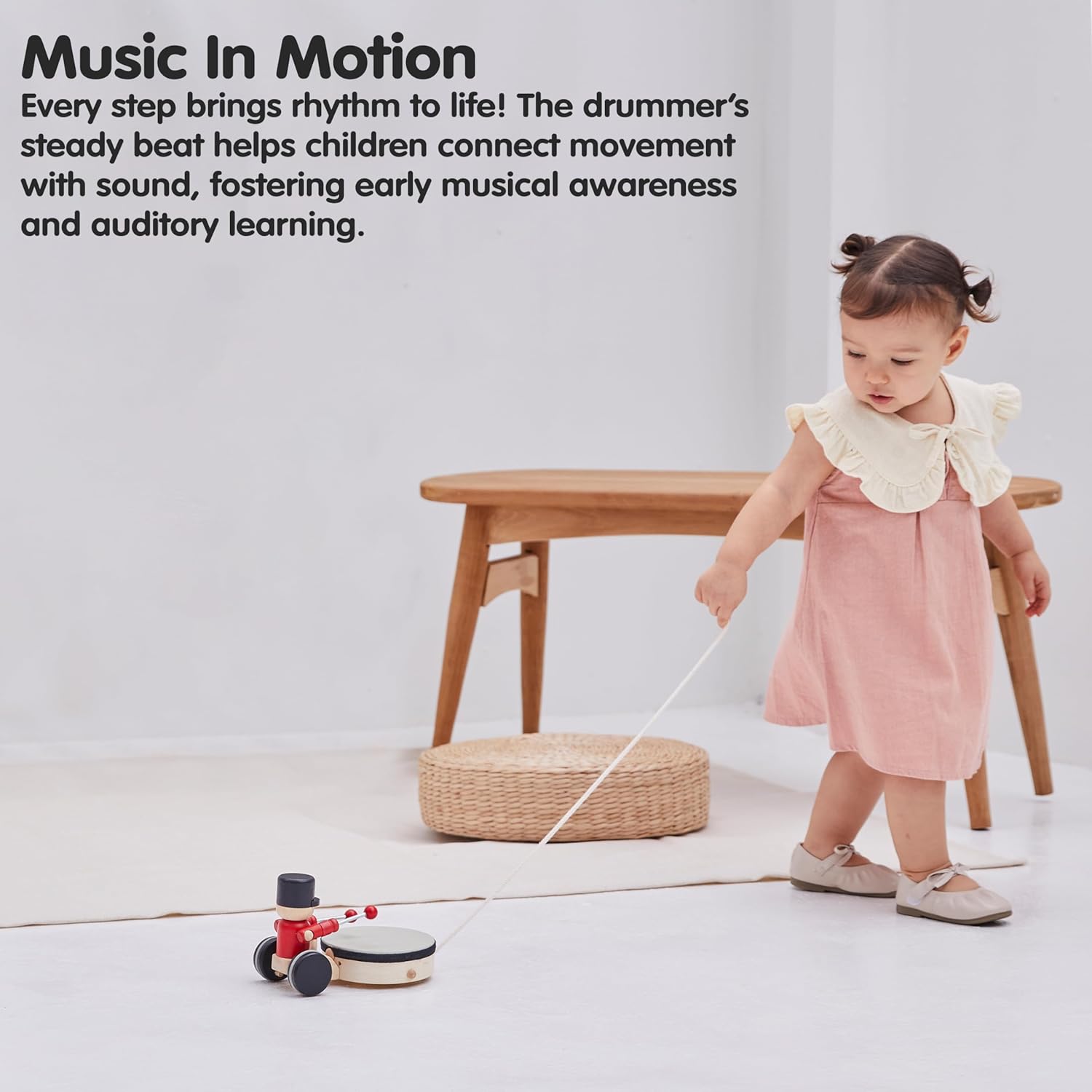 PlanToys® Wooden Pull Along Drummer | Musical Toy that Encourages Rhythm, Coordination & Focus | Montessori Eco-Friendly Educational Toy for Active & Imaginative Play