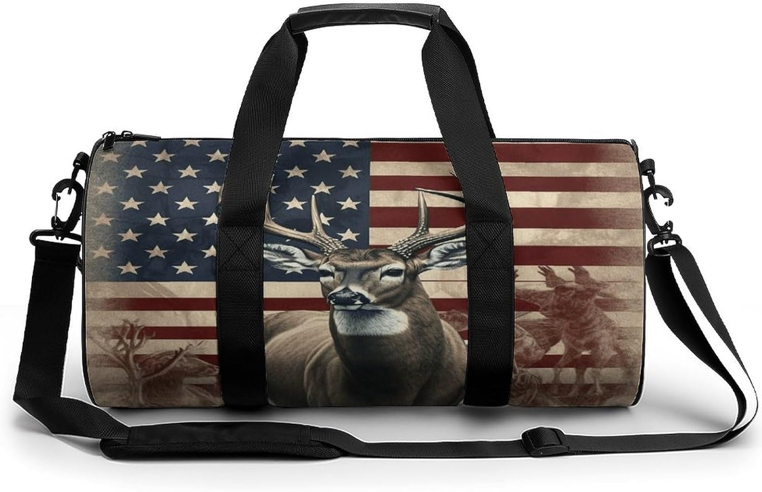 Aesthetic Sports Bag for Women Americana Flag Deer Printed Duffle Travel Bag for Men Women Mini Workout Bags Cylindrical Gym Bag