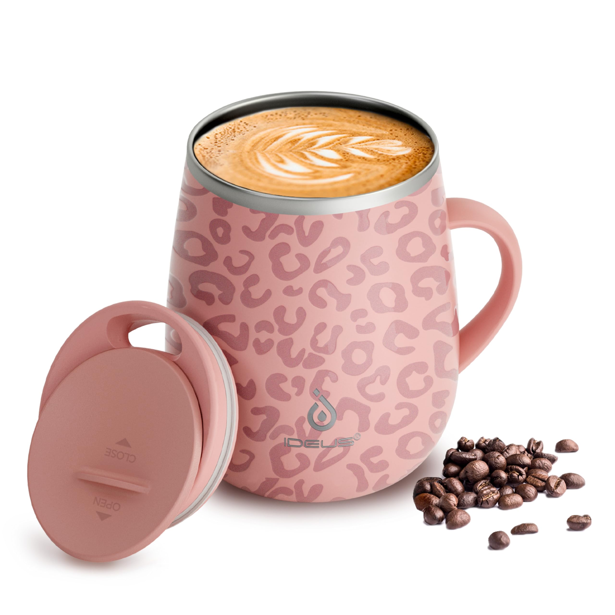 Ideus Taza de café aislada de 16 onzas con tapa y asa (rosa leopardo)