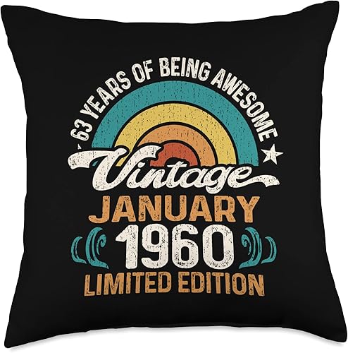 Retro January 1960 Limited Edition 63 Year Old 63rd Birthday Throw Pillow, 18x18, Multicolor
