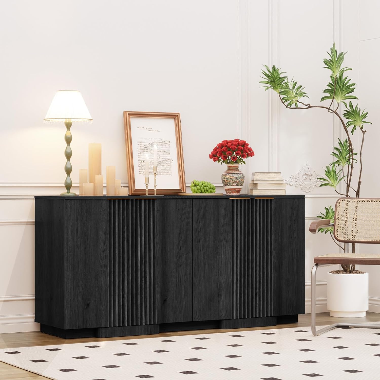 Yechen Buffet Cabinet with Storage, 31.5" Accent Sideboard Modern Credenza with Doors & Adjustable Shelves Fluted Media Console Wood Coffee Bar Table for Living Kitchen Dining Room,Black (2 Door)