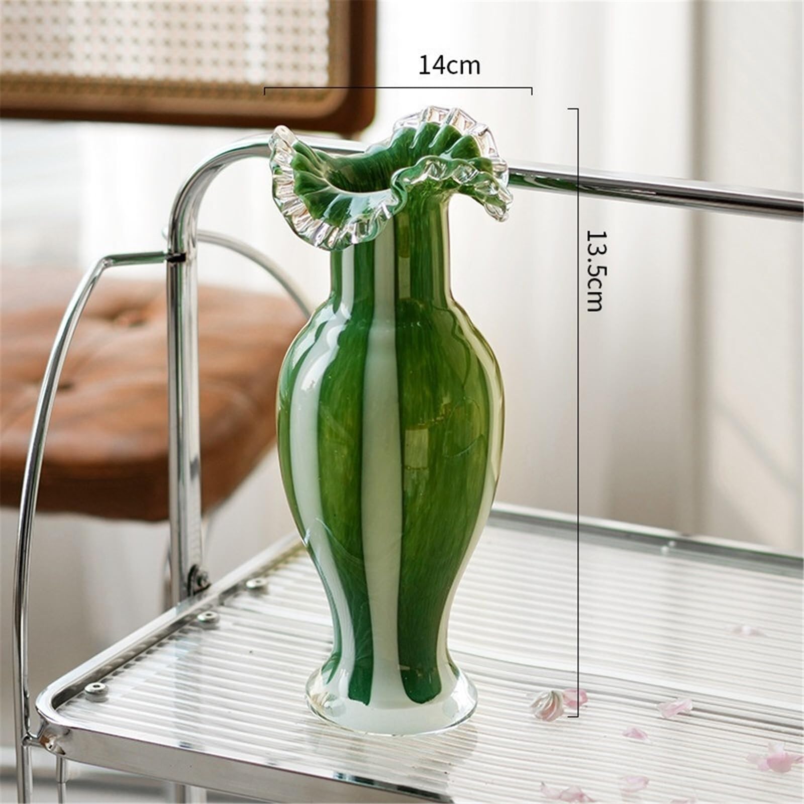 Vaso di fiori Vasi in vetro rigato verde con bordo arricciato