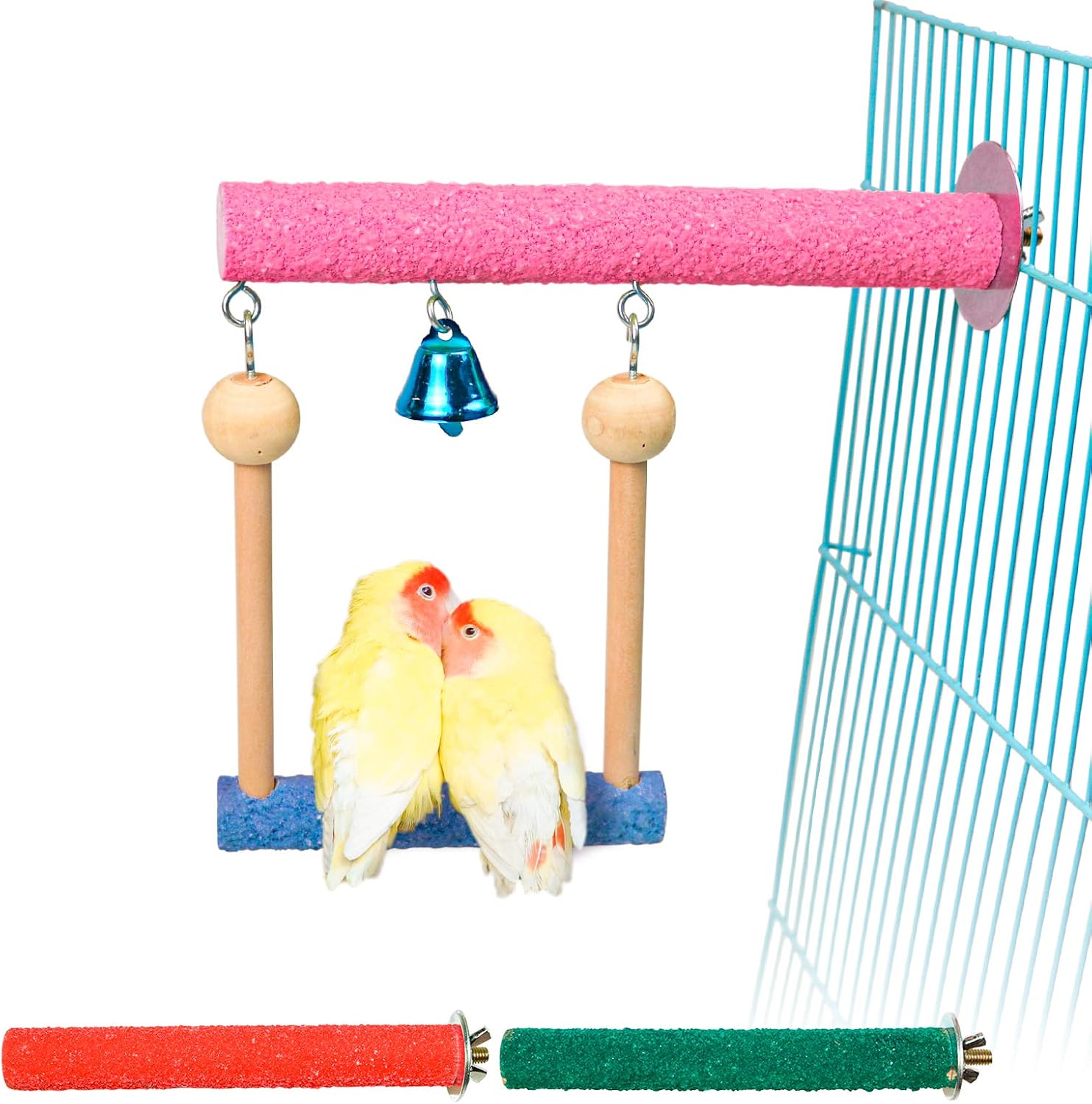 S-Mechanic Wood Stand Perch,Wood Perch Toys with Hanging Bell for Small or Medium Parakeet,Cockatiel,Conure,Cockatoo,African Grey Bird…