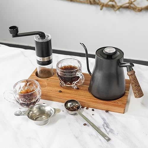 Miniatura 3 de SOTECH Juego de cafetera con molinillo manual de 28 onzas, hervidor de agua con termómetro, cuchara de acero inoxidable, 2 tazas de vidrio y bandeja