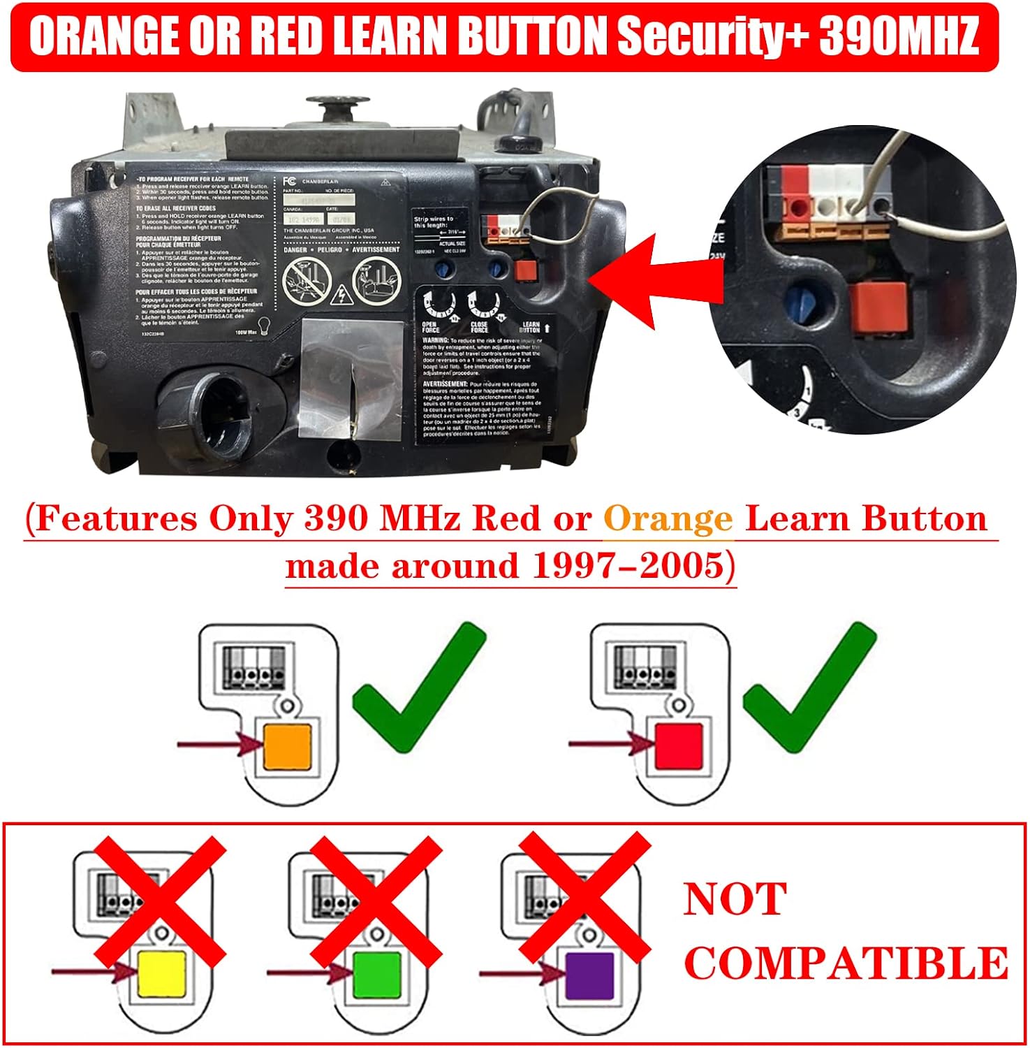 2 Keychain Remote Control Compatible with 390MHz Red Orange Learn Button for Sears Craftsman 139.53681B 139.53681 - LiftMaster 971LM | 973LM - Chamberlain 950CB | 953CB | 956CB Garage Door Opener