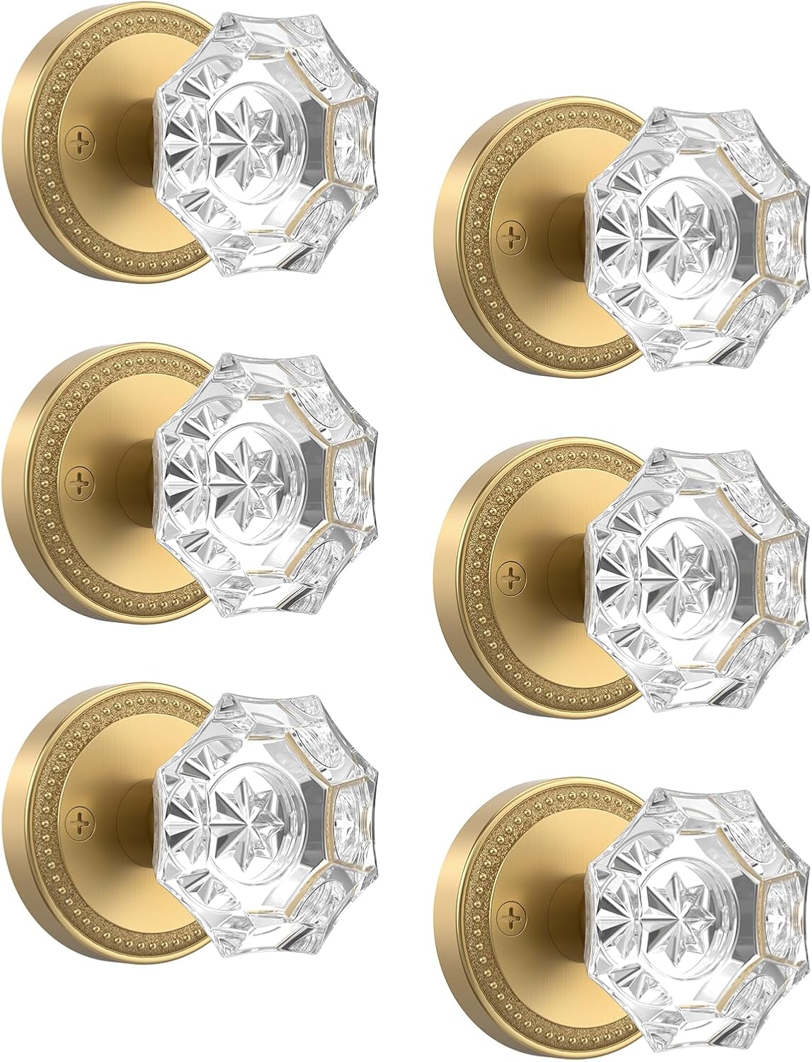 Asidrama 6 Pack Privacy Antique Brass Crystal Door Knob with Lock, Vintage Antique Brass Glass Door Knobs Interior for Bedroom or Bathroom, Heavy Duty Door Handle for Left Right Sided Doors