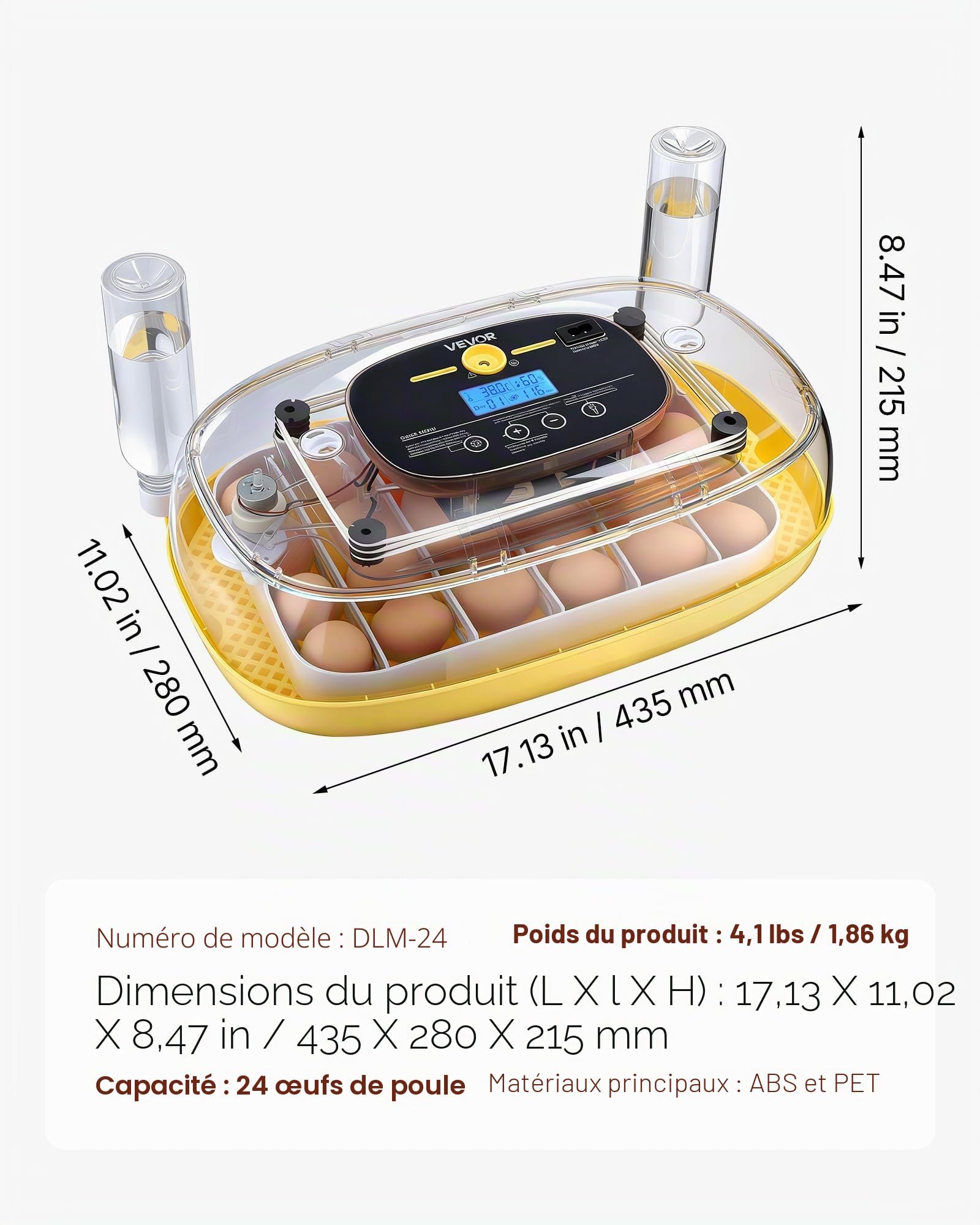 VEVOR Couveuse Œuf Automatique 24 Œufs de Poule Incubateur Œuf pour Éclosion Œufs de Volaille Poussins Canetons Oies Cailles, avec Mire LED Affichage Température et Humidité Fenêtre Transparente 360°