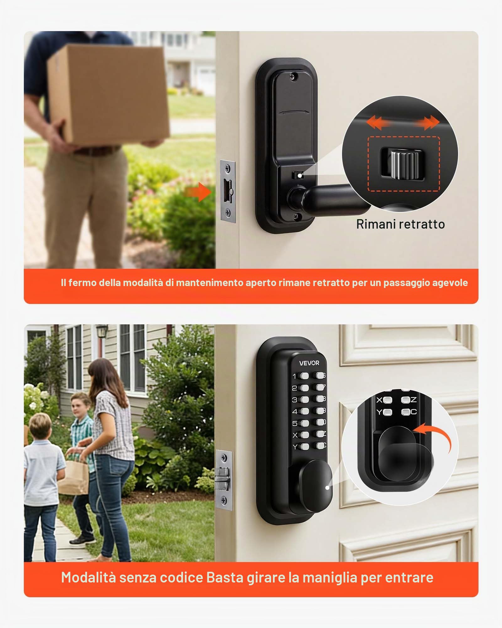 VEVOR Serratura Meccanica per Porte con Tastiera Monofacciale Codice da 4-7 Cifre, Serratura Senza Chiave Batteria a Combinazione con Pomello Bloccaggio Automatico Porte d'Ingresso, Nero