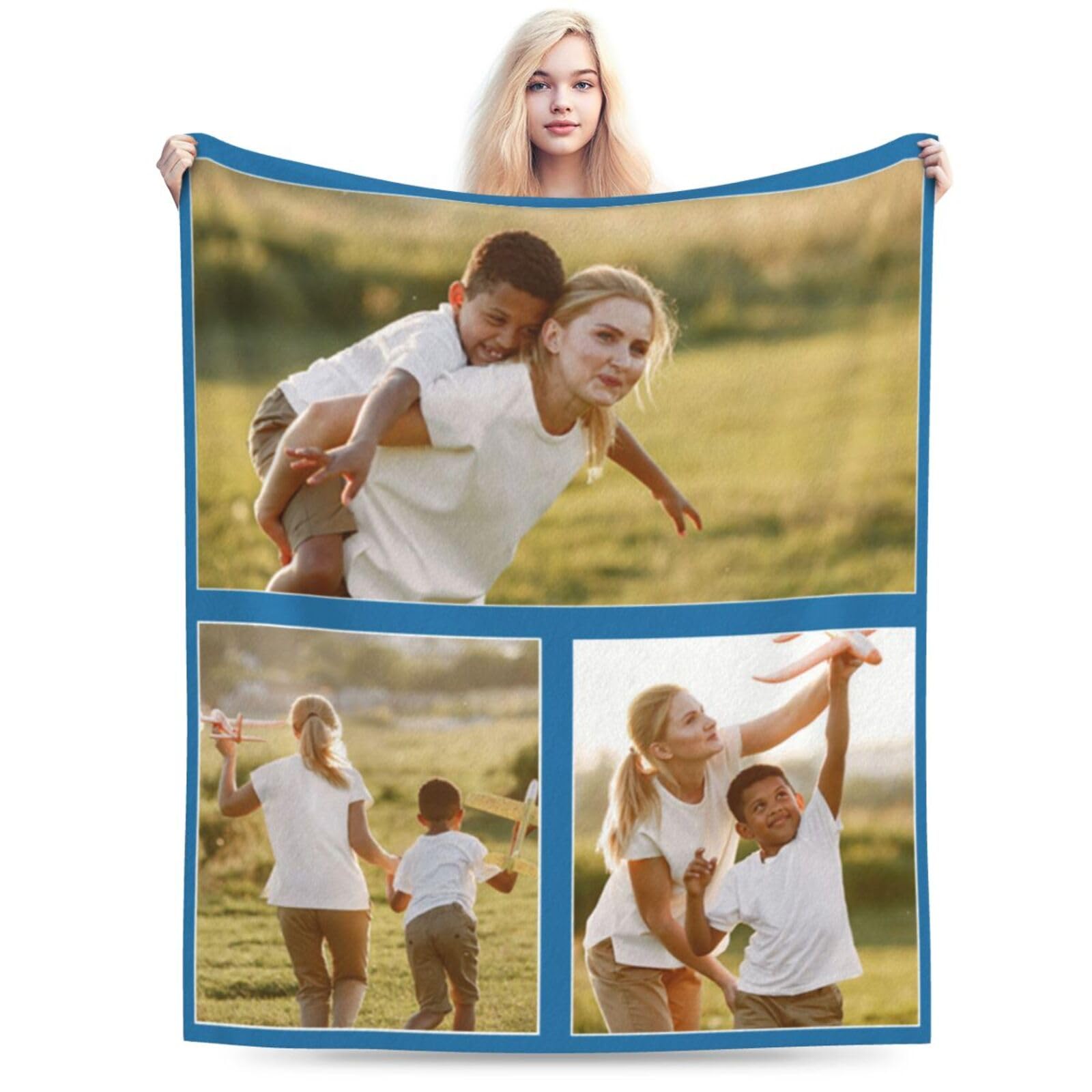 Xswzaqolk Customized Blanket with Photos Text Name Personalized Blankets Gifts for Girlfriend Husband Wife Mom Dad Brothers and Sisters, 3 Photos, 40"
