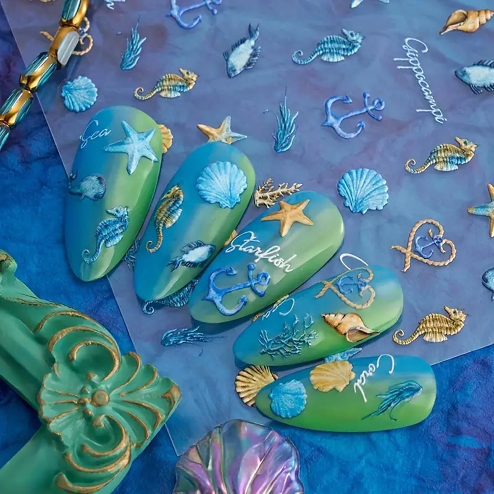 Irikdescia 2 Pezzi 5D Adesivi per Unghie con Rilievi di Stelle Marine, Adesivi Autoadesivi a Tema Marino per Decorazione delle Unghie, Accessori per Manicure e Nail Art