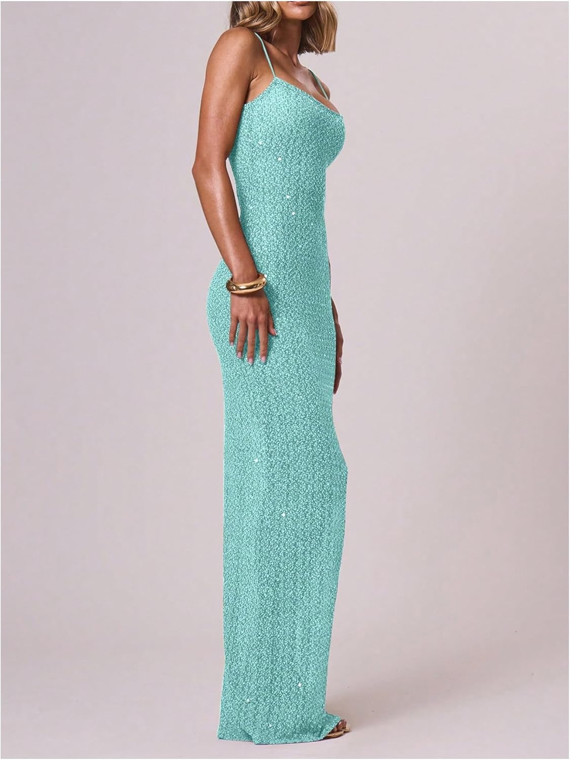 OYOANGLE Women's Spaghetti Strap Sparkly Sequin Mesh Cami Dress Sleeveless Fishtail Long Dresses