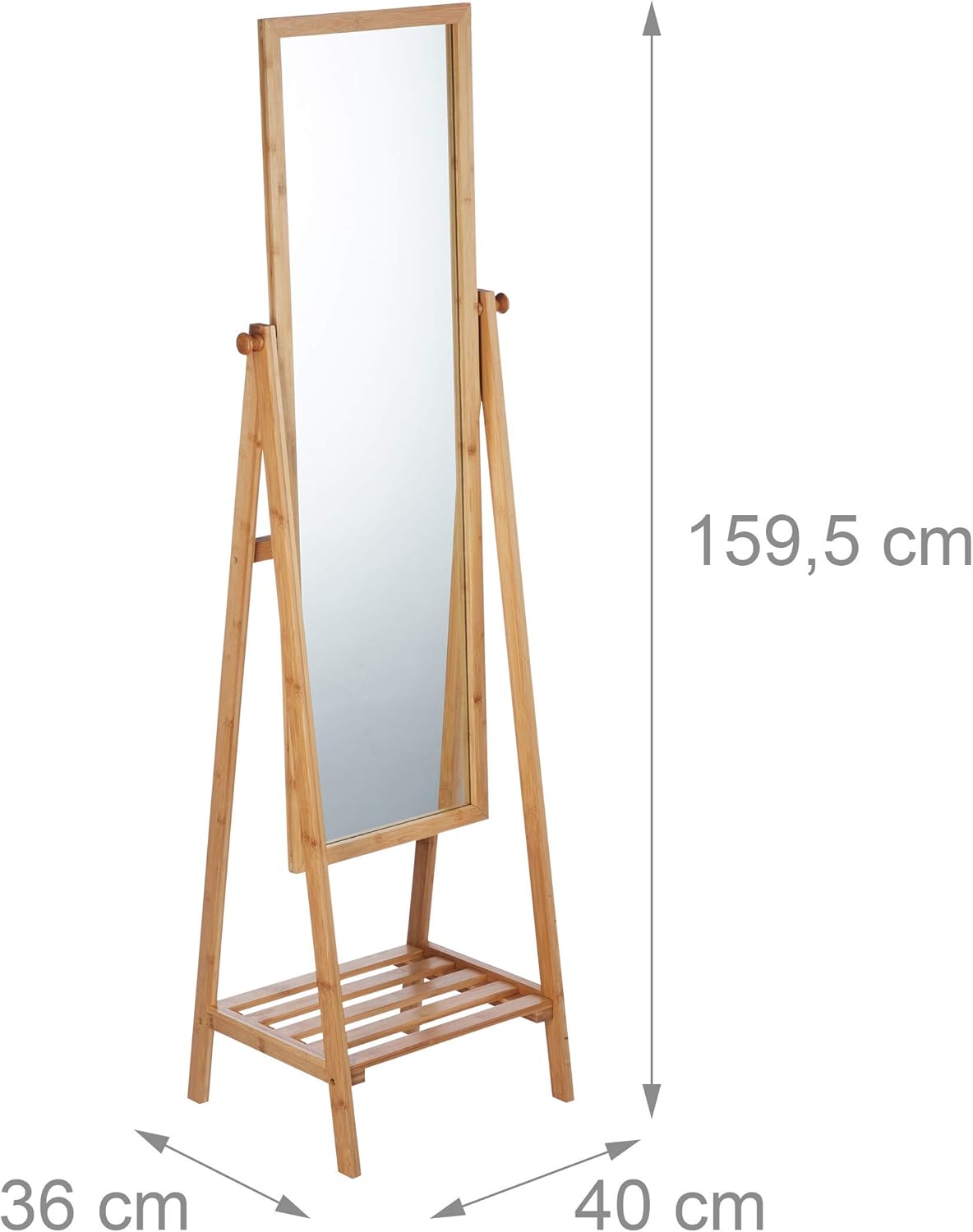 Relaxdays Bamboo Free-Standing Mirror, Swivel-Mounted, Bedroom Mirror with Drawer, HWD: 160x40x36 cm, Natural